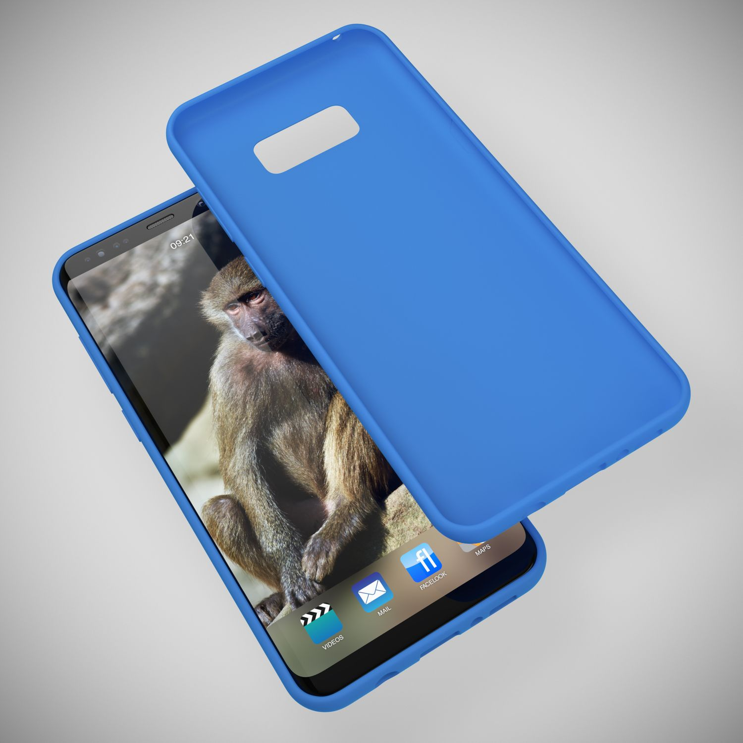 Smartphone mit blauer Hülle, Gorilla auf dem Bildschirm.