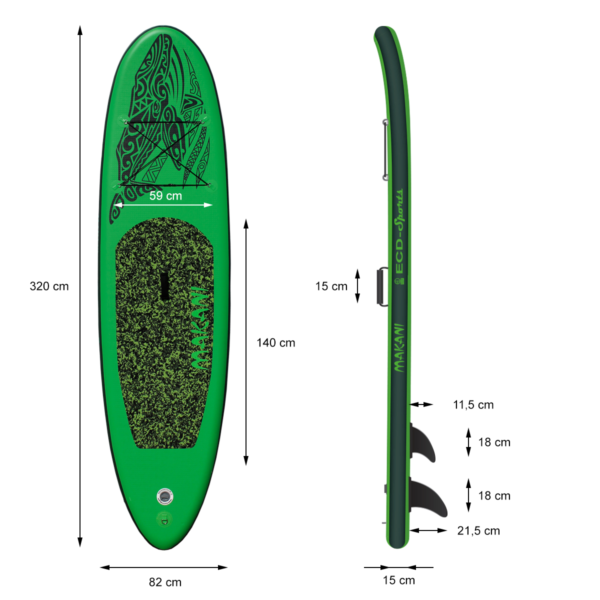 Grünes und schwarzes Stand-Up Paddleboard mit Maßangaben. Es hat ein Stammesdesign vorne.