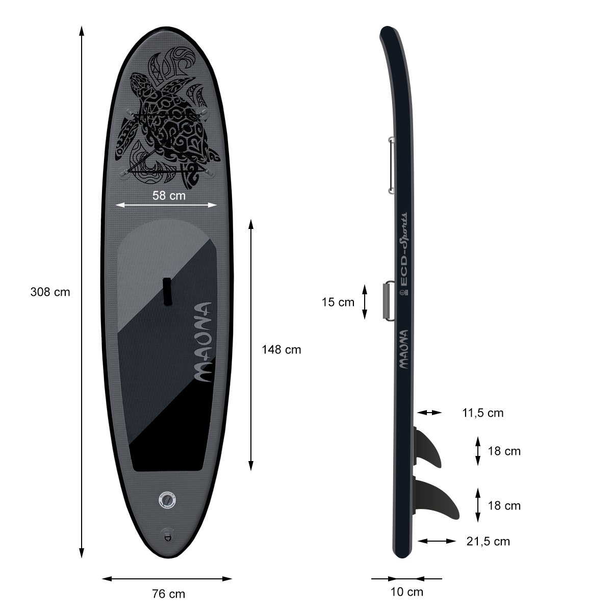 Stand-Up Paddleboard mit Abmessungen. Schwarzes und graues Board mit Schildkrötendesign. Flossen sind angebracht.