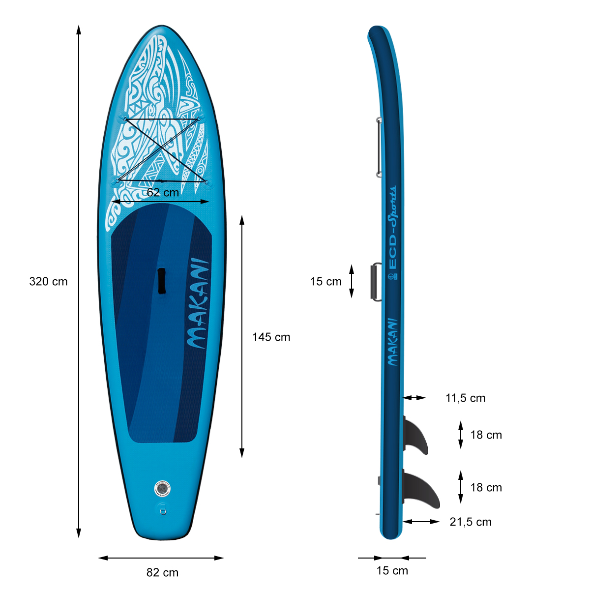 Ein blaues Stand-Up-Paddleboard mit Abmessungen. Seitenansicht mit Finnen. Die Marke Makani ist sichtbar.