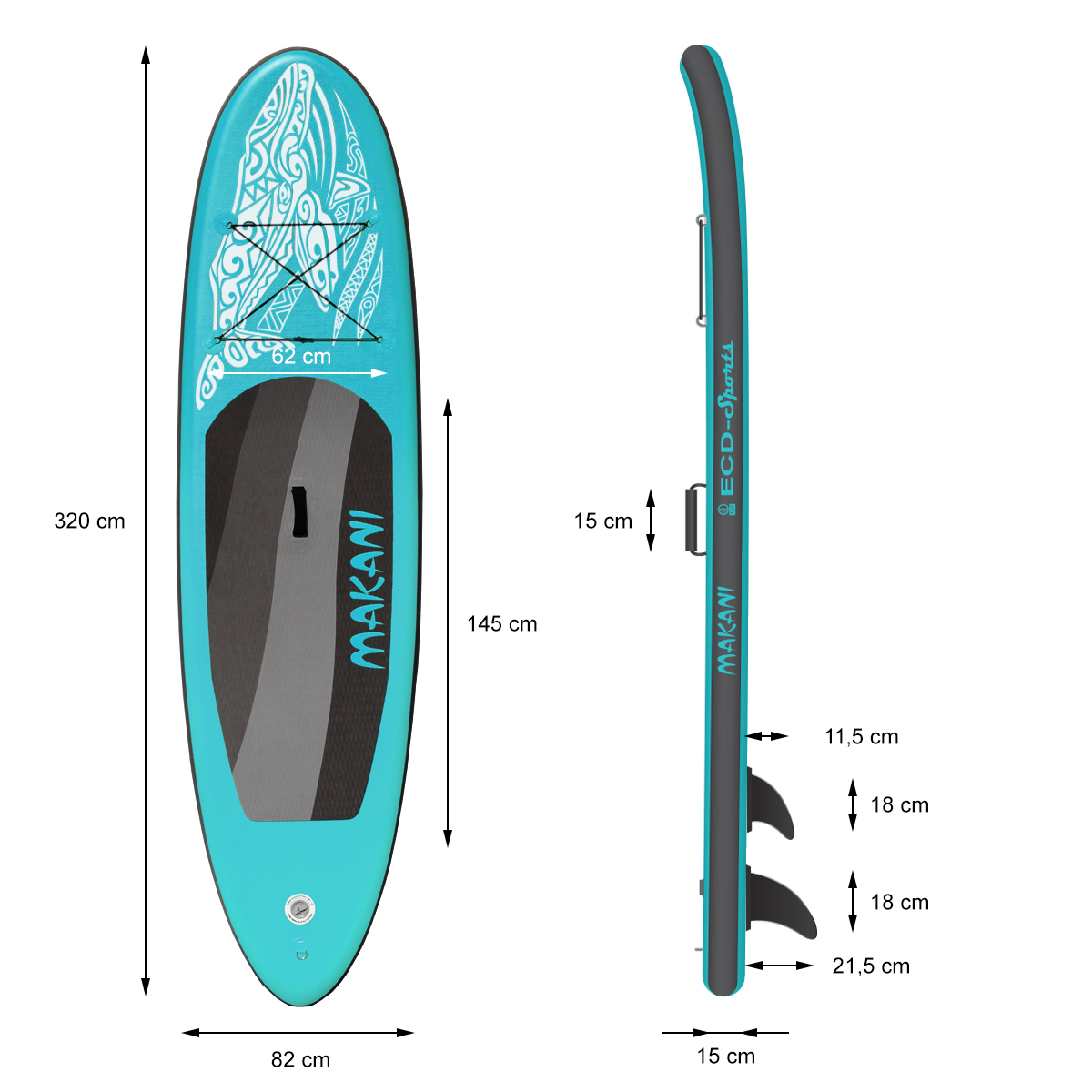 Blaues Stand-Up Paddleboard mit Maßen.