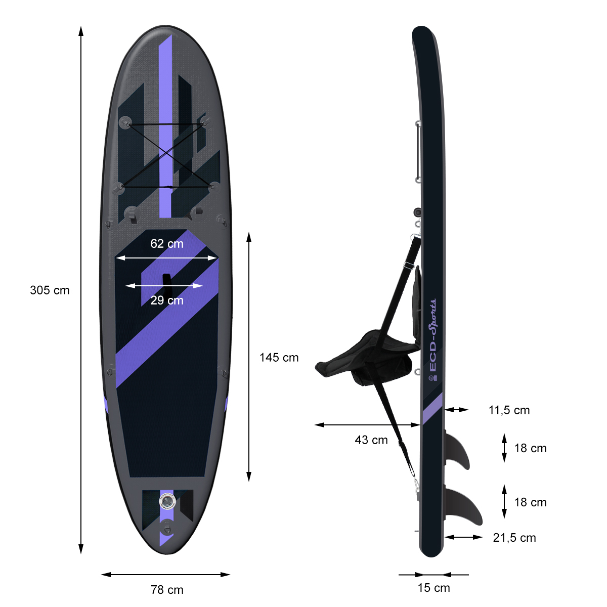 Stand-Up Paddleboard mit Maßangaben. Zeigt das Board und seine Finnen, mit einem Sitz befestigt.