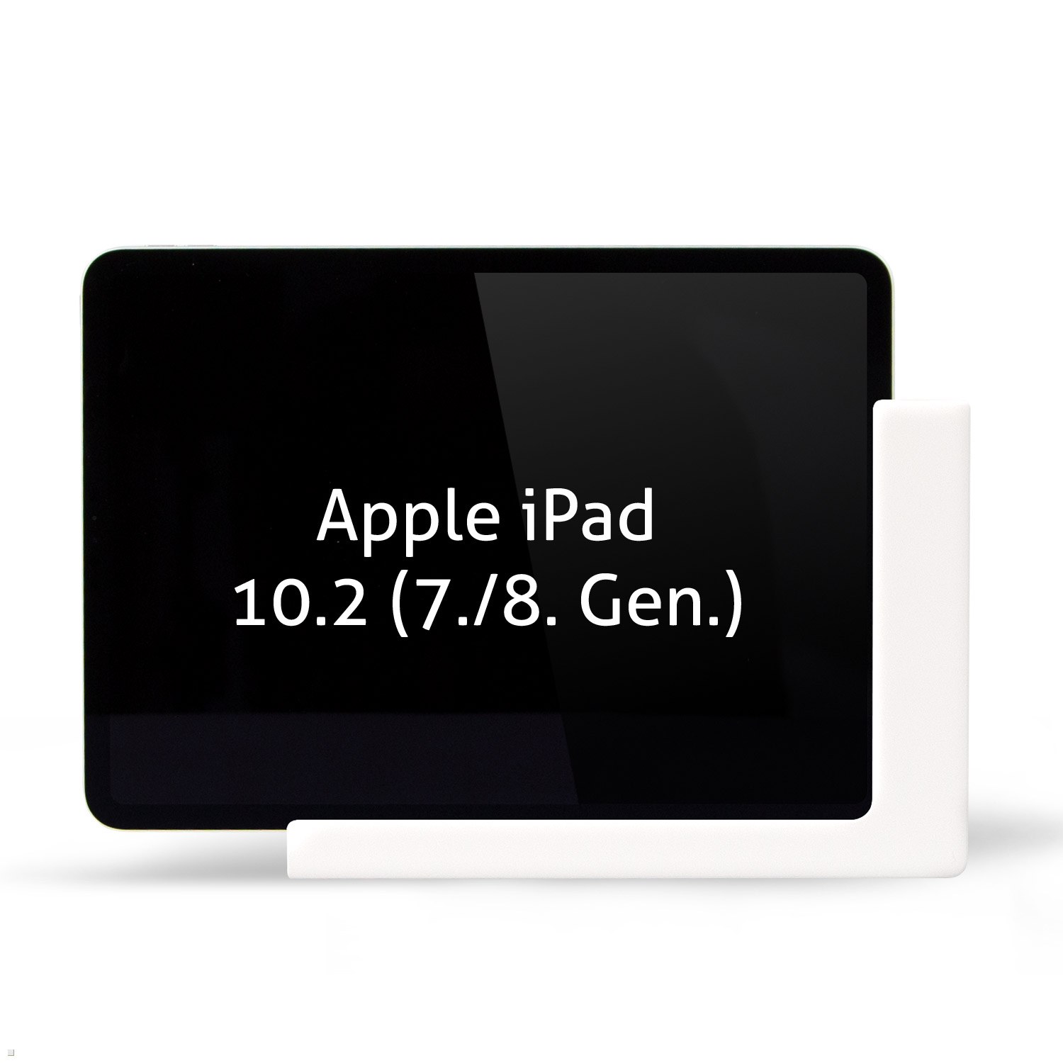Ein Apple iPad auf einem weißen Ständer. Der Bildschirm zeigt Text: "Apple iPad 10.2 (7./8. Gen.)".