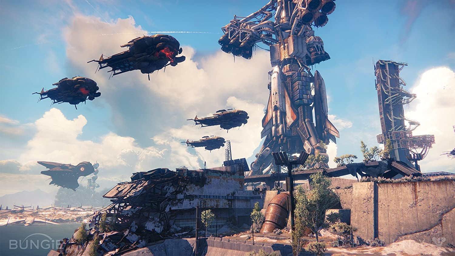 Eine Science-Fiction-Landschaft mit fliegenden Schiffen, einer großen Struktur und einem zerstörten Bereich im Vordergrund.