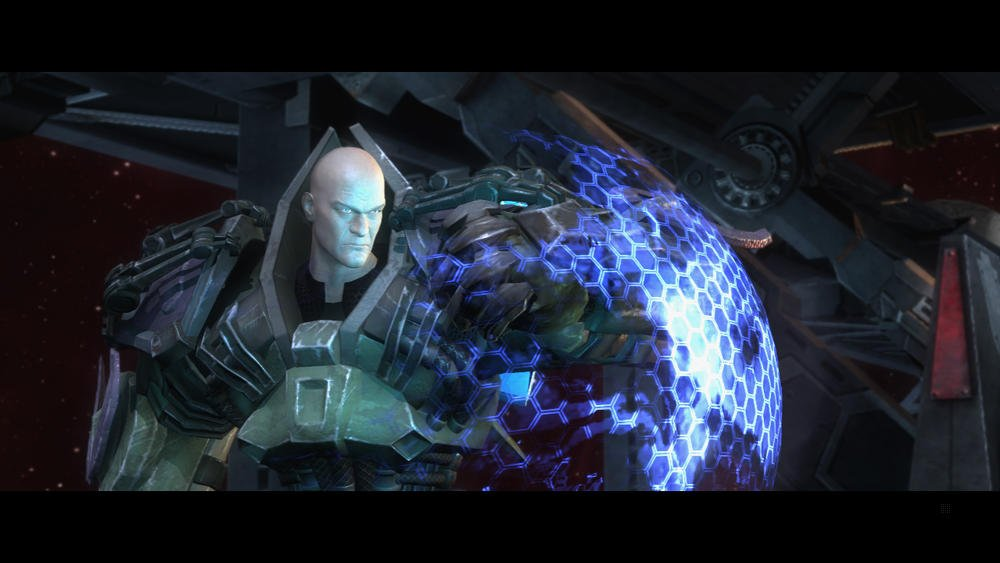 Lex Luthor mit einem schützenden Energieschild in futuristischer Umgebung.