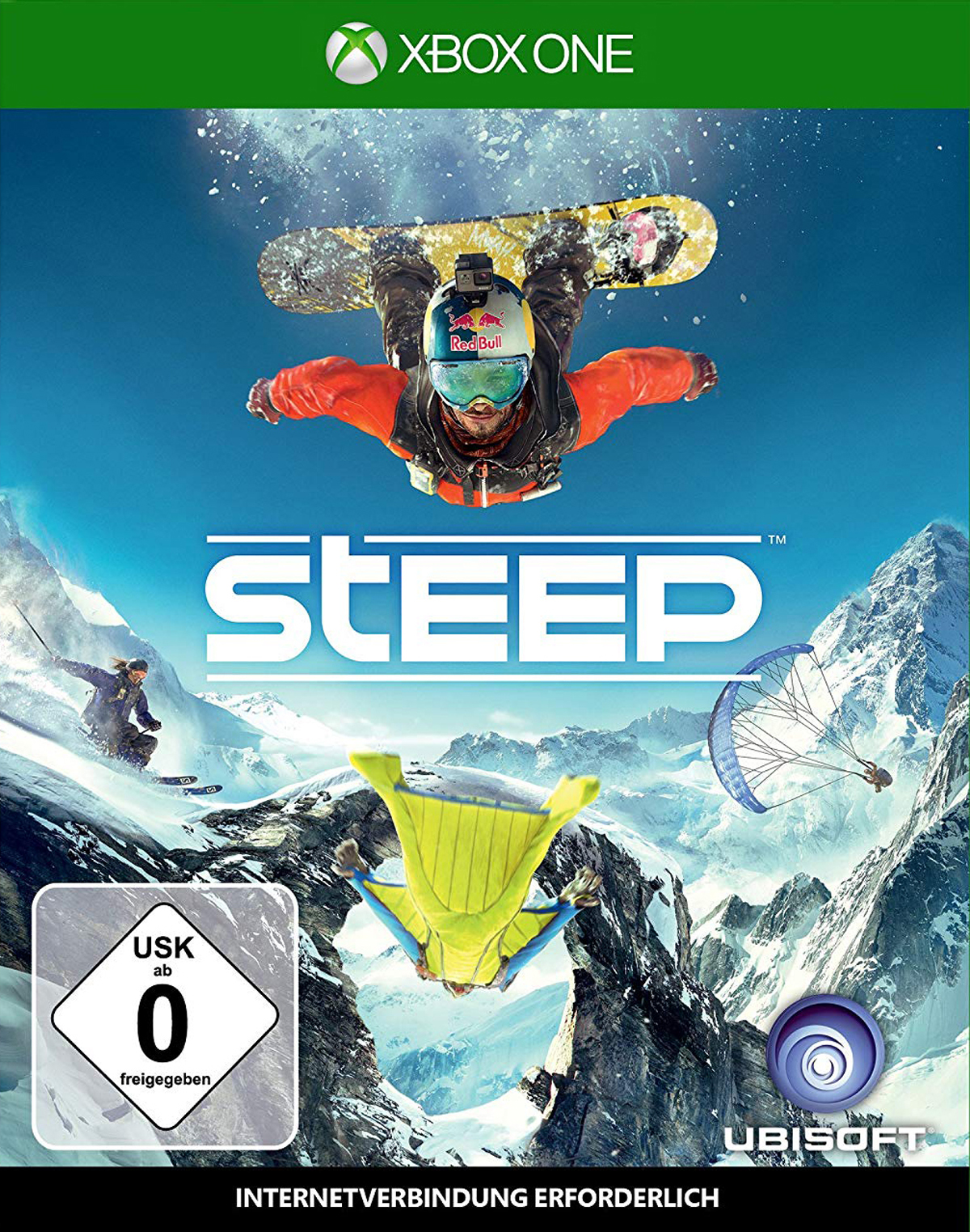 Steep-Spielbox-Art. Ein Snowboarder, ein Gleitschirmflieger und ein Wingsuit-Flieger vor Bergen.