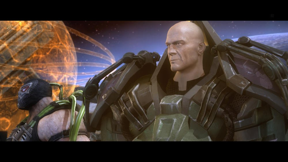 Mann in Rüstung steht neben einer maskierten Person. Szene zeigt eine Science-Fiction-Umgebung.