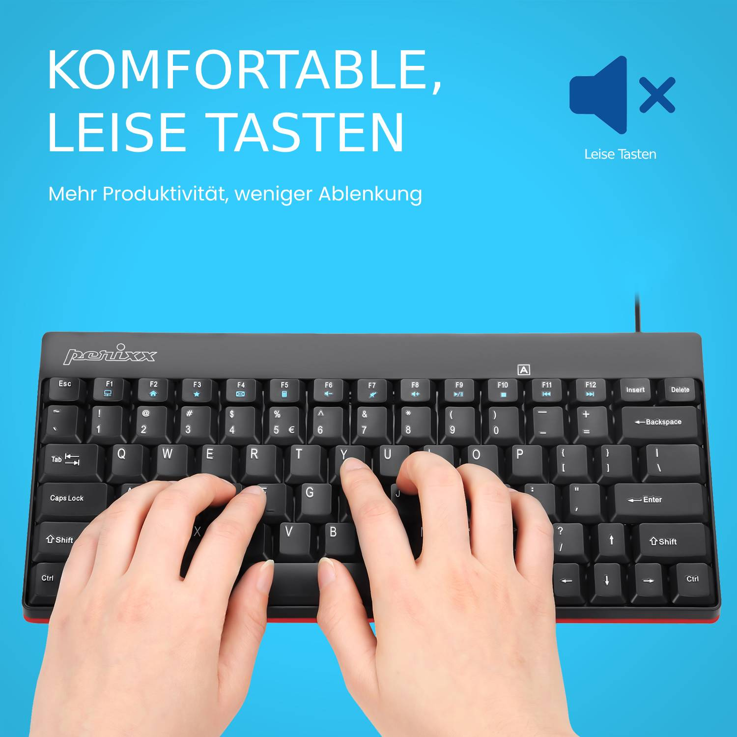 Schwarze Tastatur mit weißen Tasten, Hände tippen. Blauer Hintergrund mit Text: komfortable leise Tasten, mehr Produktivität.