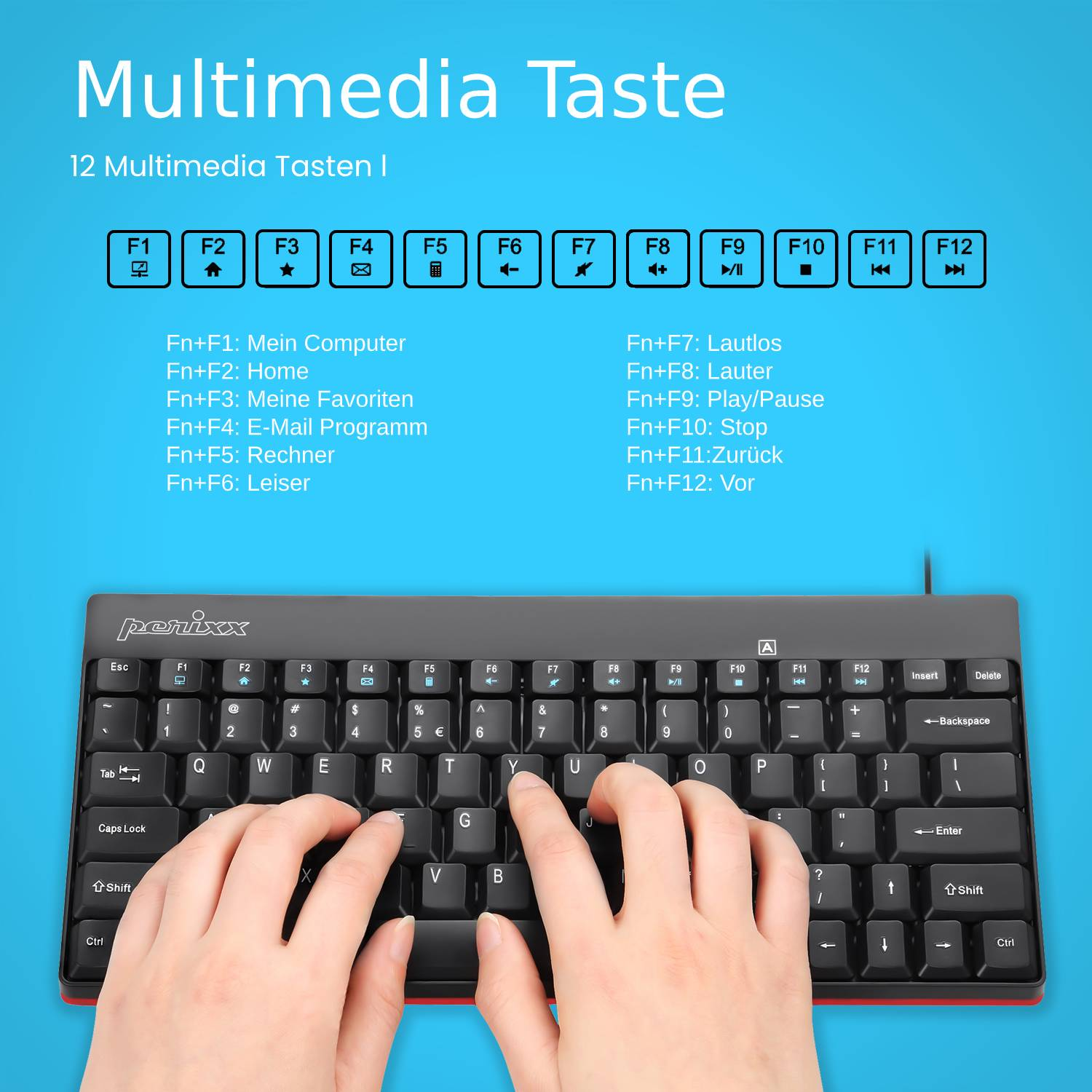 Schwarze Tastatur mit Multimedia-Tasten und Funktionsbeschreibungen. Hände tippen.