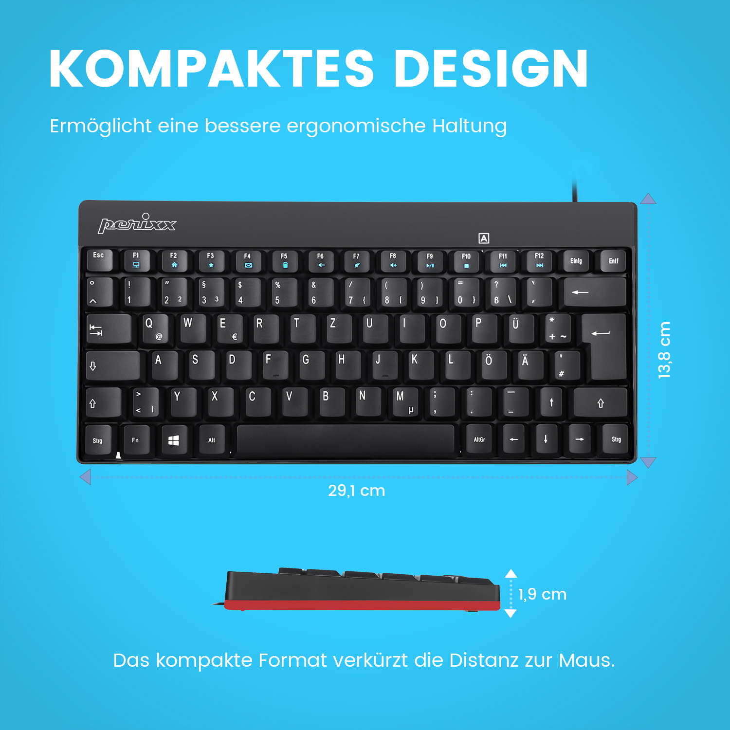 Schwarze Tastatur mit weißen Tasten, Abmessungen angezeigt. Ein schwarz-roter Rand gezeigt.