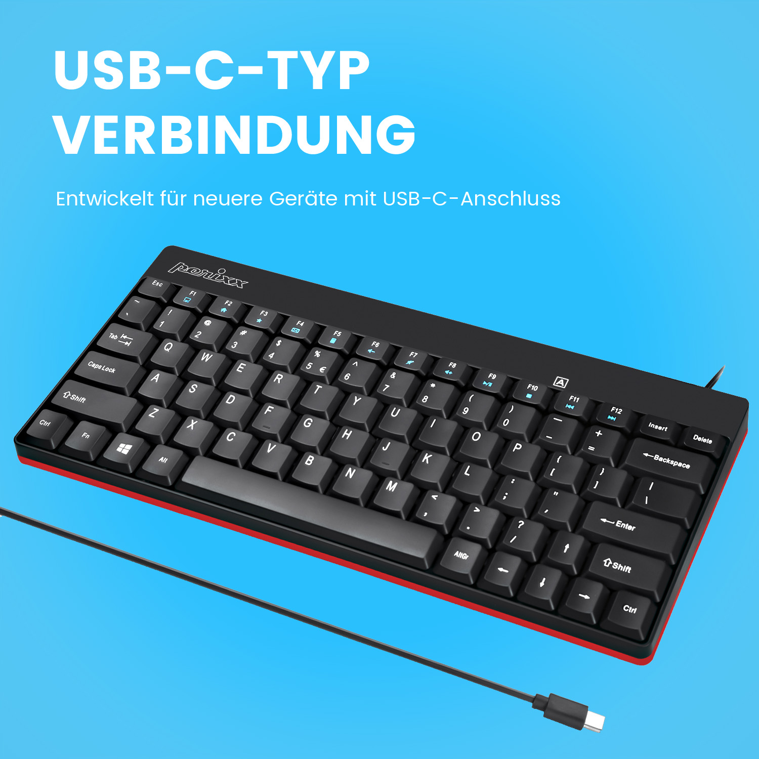 Eine schwarze Tastatur mit roten Rändern und einem USB-C-Kabel auf blauem Hintergrund. Weißer Text: USB-C-TYP VERBINDUNG.