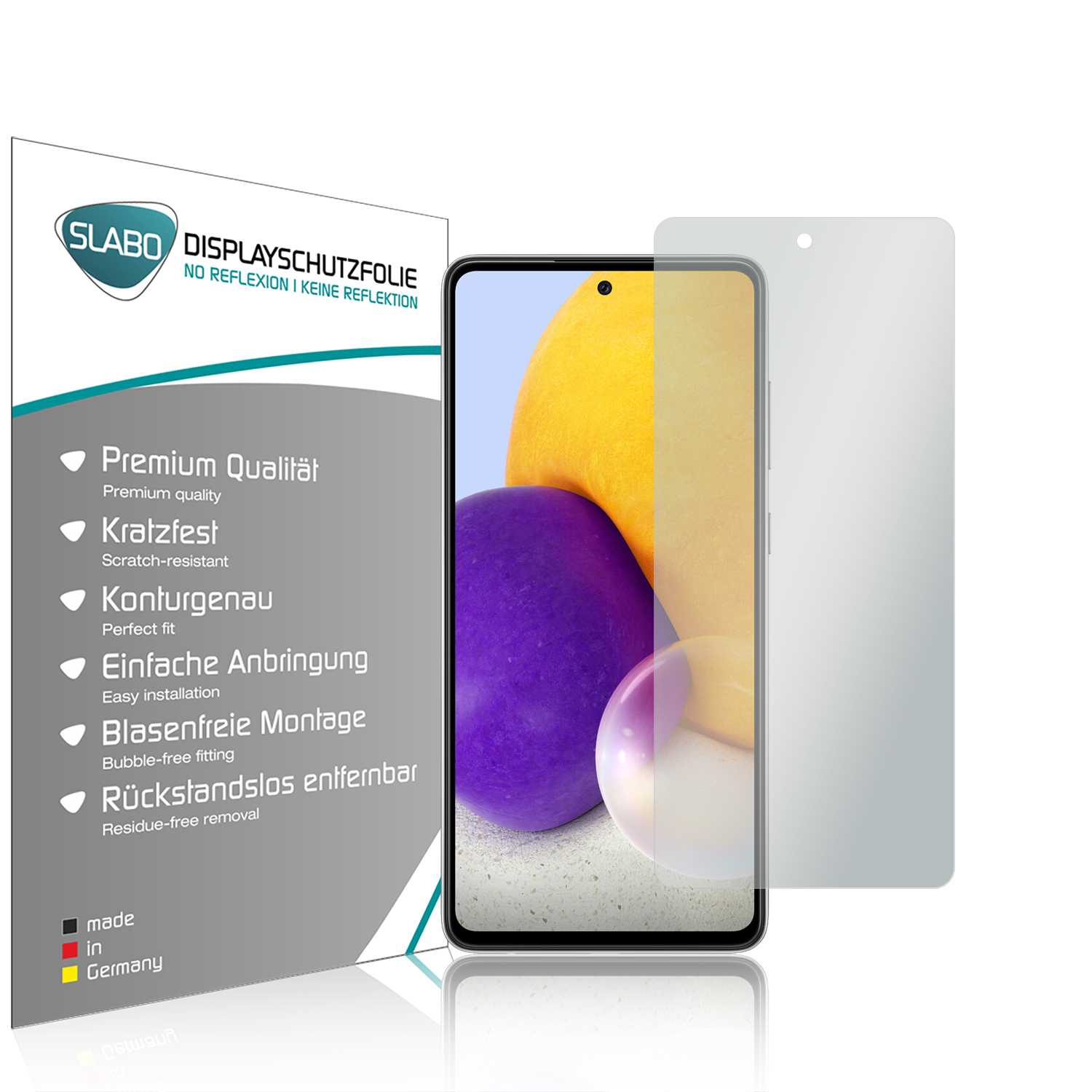 Ein Telefon mit Displayschutz. Text auf der Verpackung beschreibt Produktmerkmale.