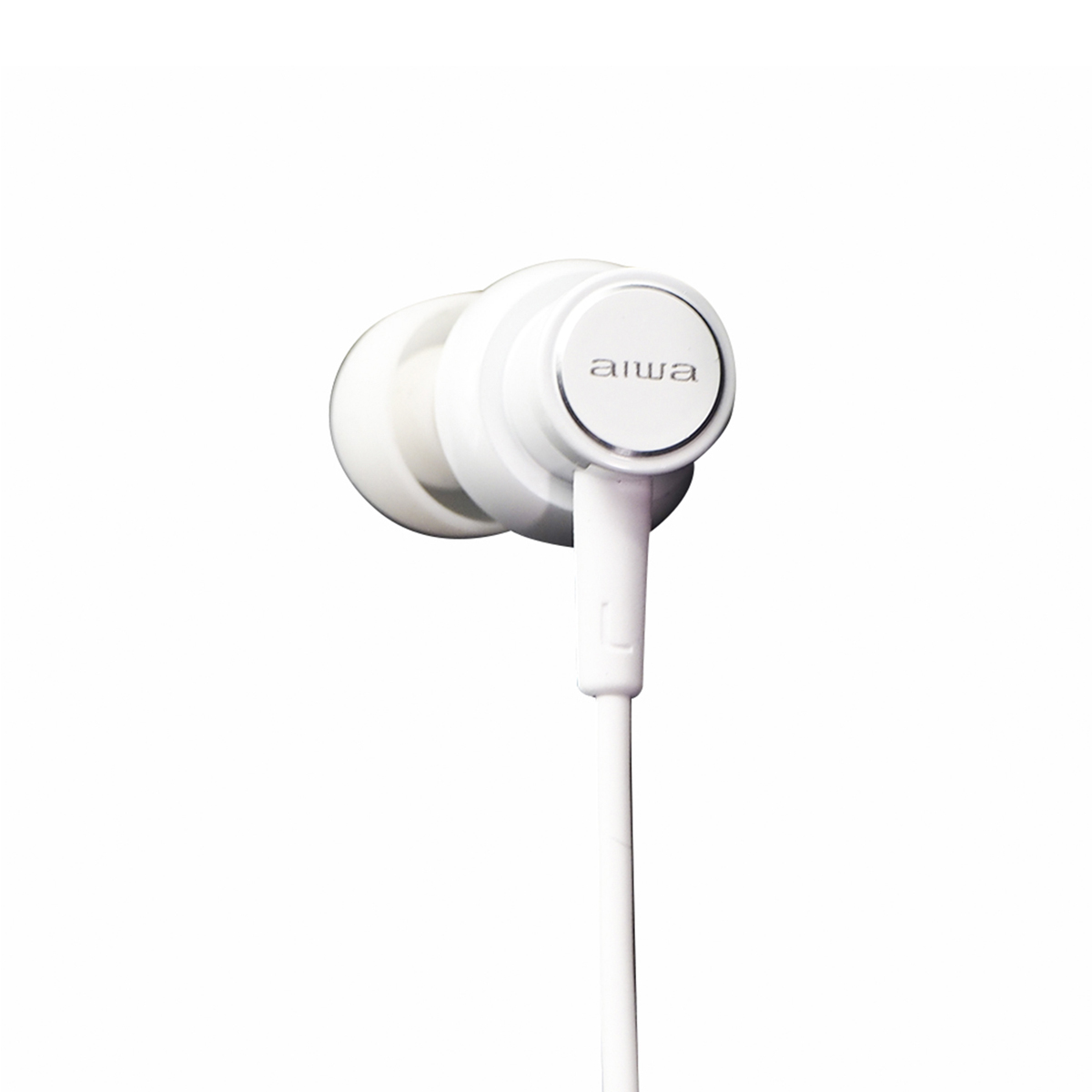 Biały słuchawka z białym kablem na białym tle.