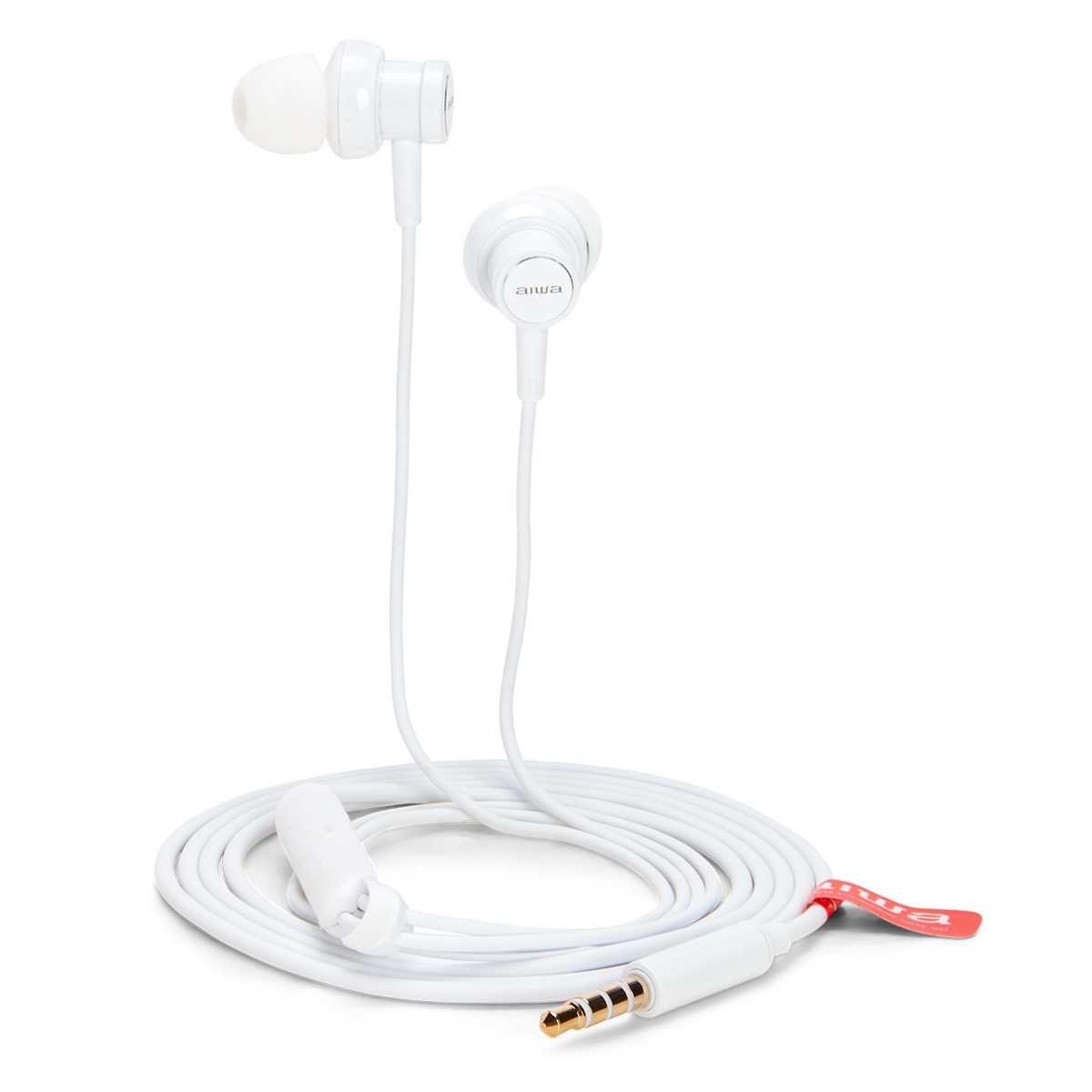 Białe słuchawki douszne z kontrolą i pozłacanym wtykiem jack. Biały kabel.