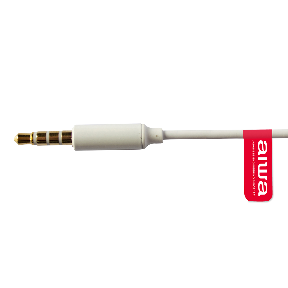 Biały kabel audio ze złotym wtykiem i czerwoną etykietą z logo.