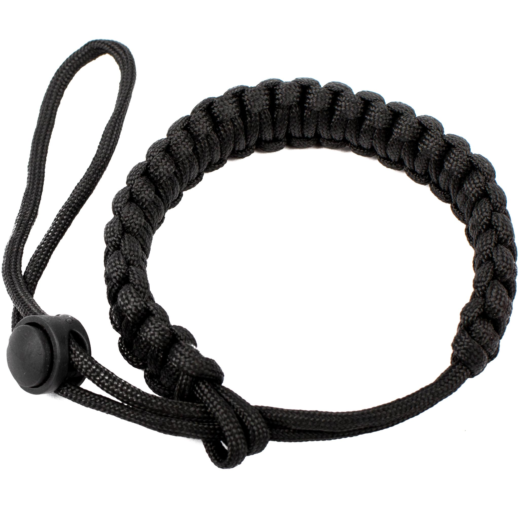 Schwarzes geflochtenes Paracord-Armband mit schwarzem Verschluss.