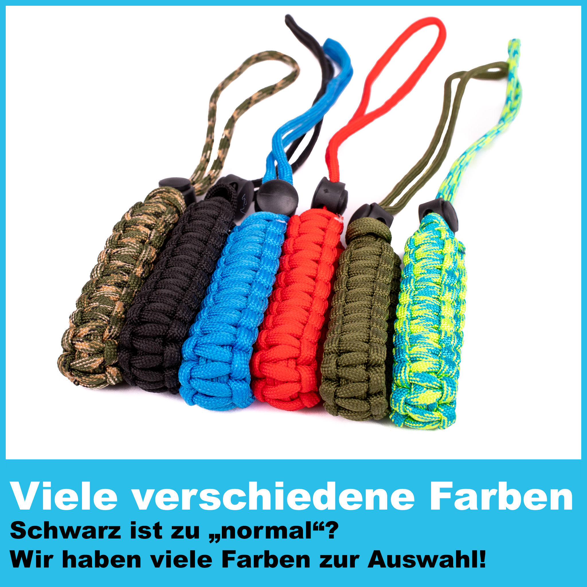 Bunte Telefonanhänger in verschiedenen Farben. Der Text lautet 'Viele verschiedene Farben'.