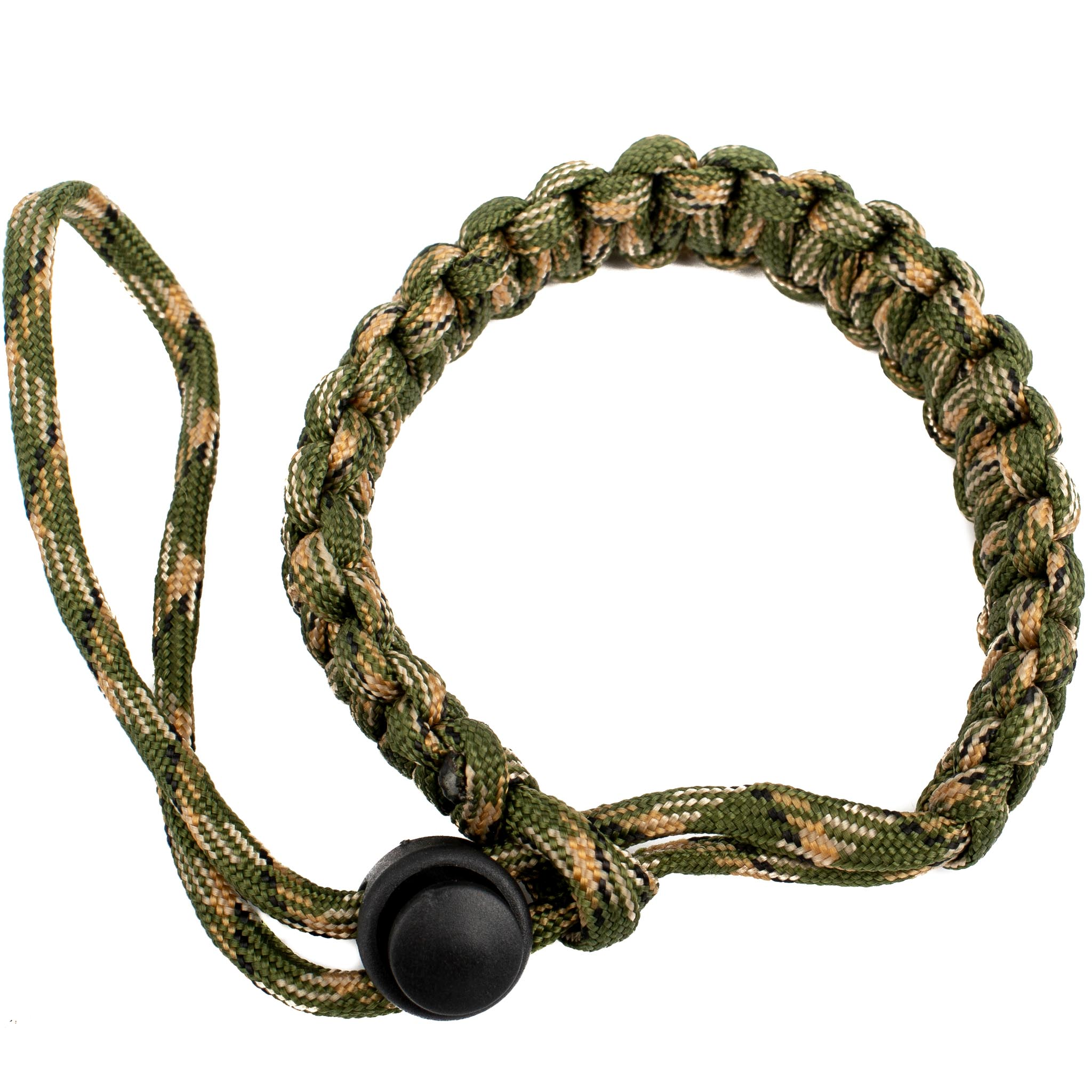 Geflochtenes grünes und beigefarbenes Paracord-Armband mit schwarzem Verschluss.