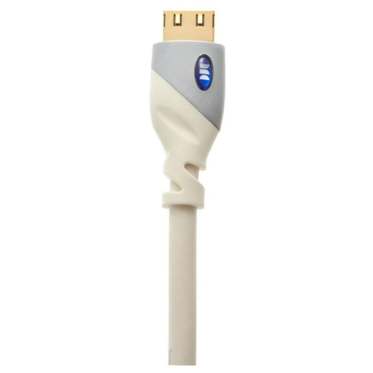 HDMI-Kabel mit grauem und weißem Stecker. Das Kabel ist cremefarben. Weißer Hintergrund.