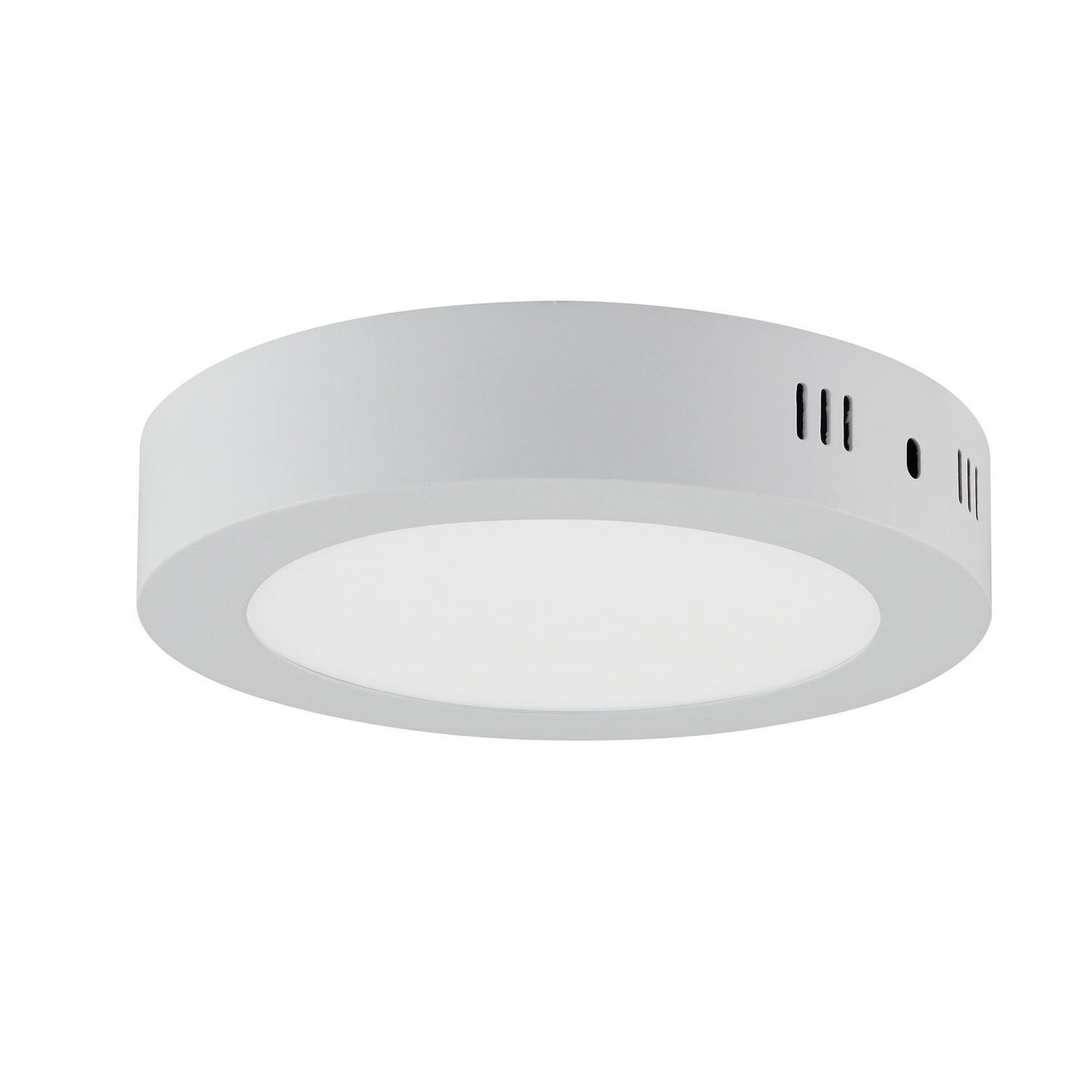 Weißes, rundes LED-Deckenlicht, mit weißem Rahmen und Lüftungsschlitzen an der Seite.