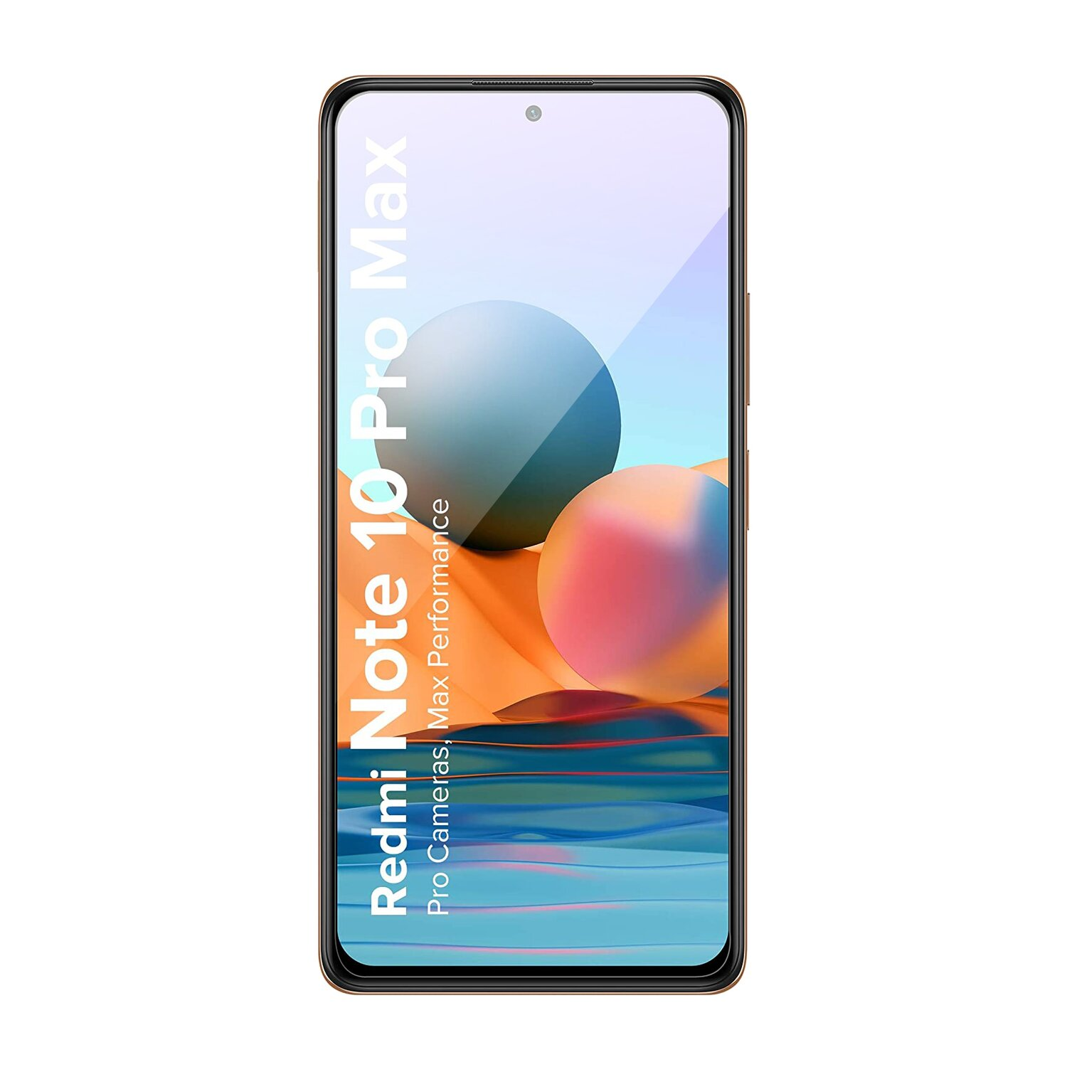 Smartphone mit Bildschirm, Text: Redmi Note 10 Pro Max. Kugeln im Hintergrund.