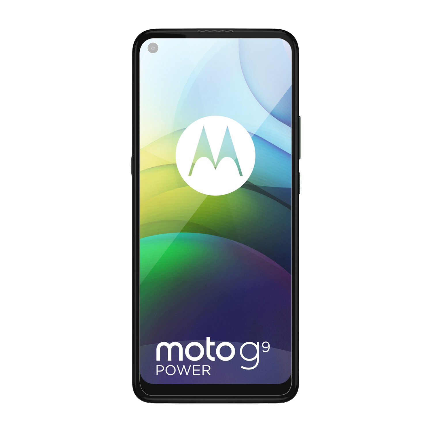 Ein schwarzes Moto G9 Power Smartphone mit einem Bildschirm, der das Markenlogo zeigt.