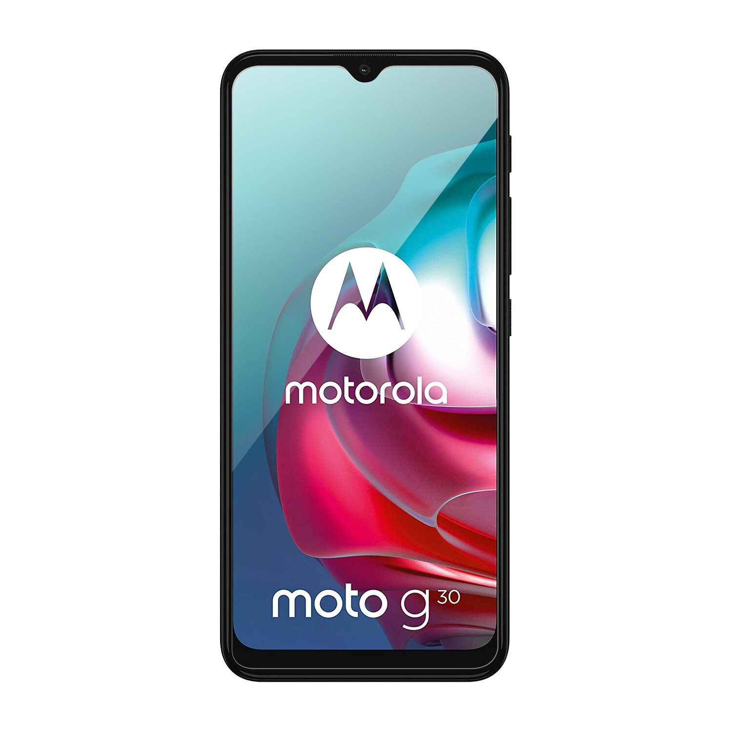 Motorola Moto g30 Telefon, schwarz, mit eingeschaltetem Bildschirm, Logo und Text.