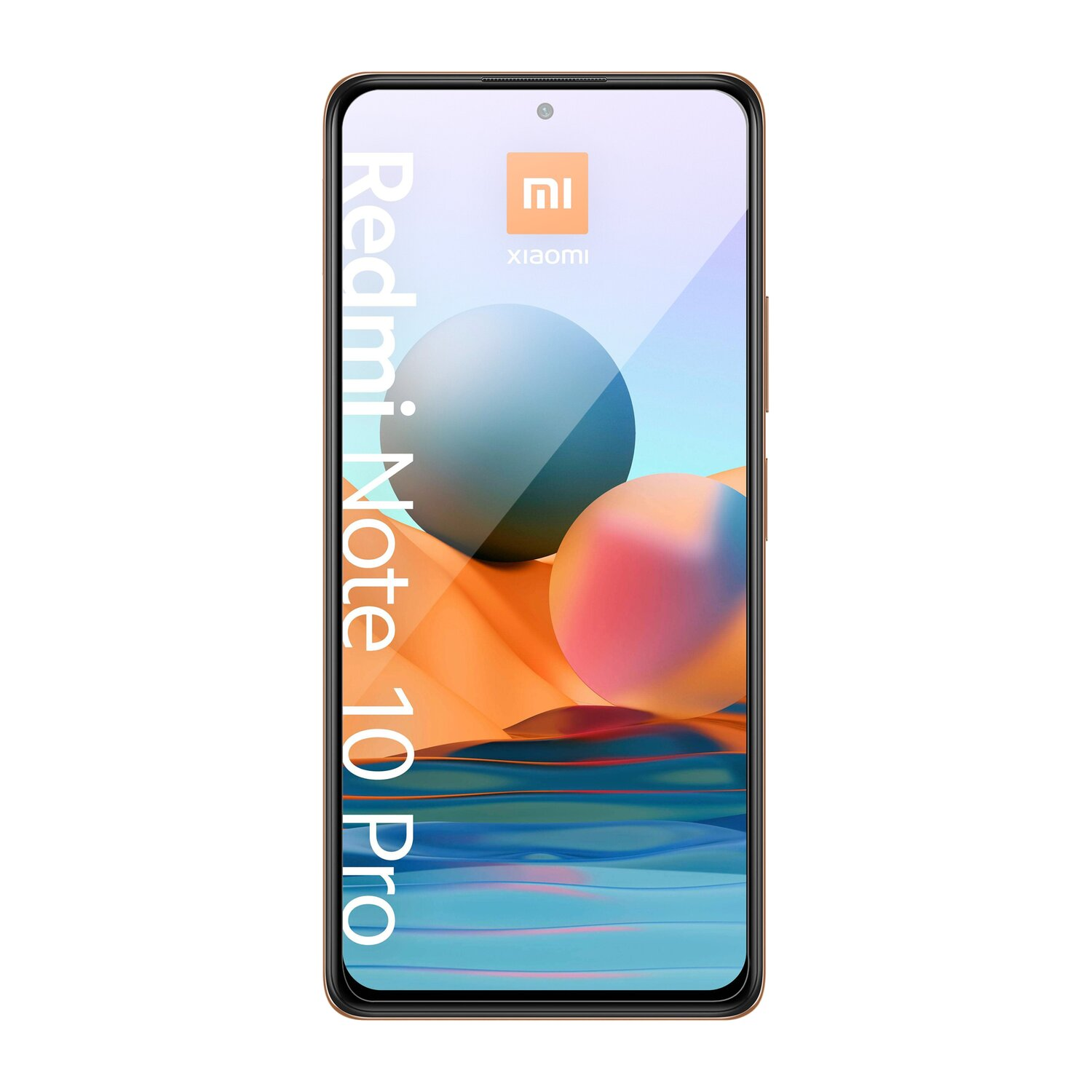 Ein Smartphone mit großem Bildschirm und Kamera. Der Bildschirm zeigt einen bunten Hintergrund und Text.