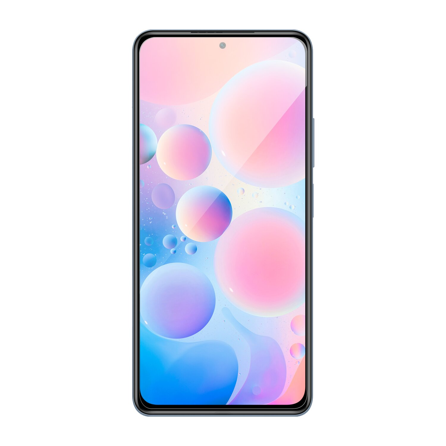 Ein Smartphone mit einem farbenfrohen abstrakten Hintergrund aus Blasen auf dem Bildschirm.