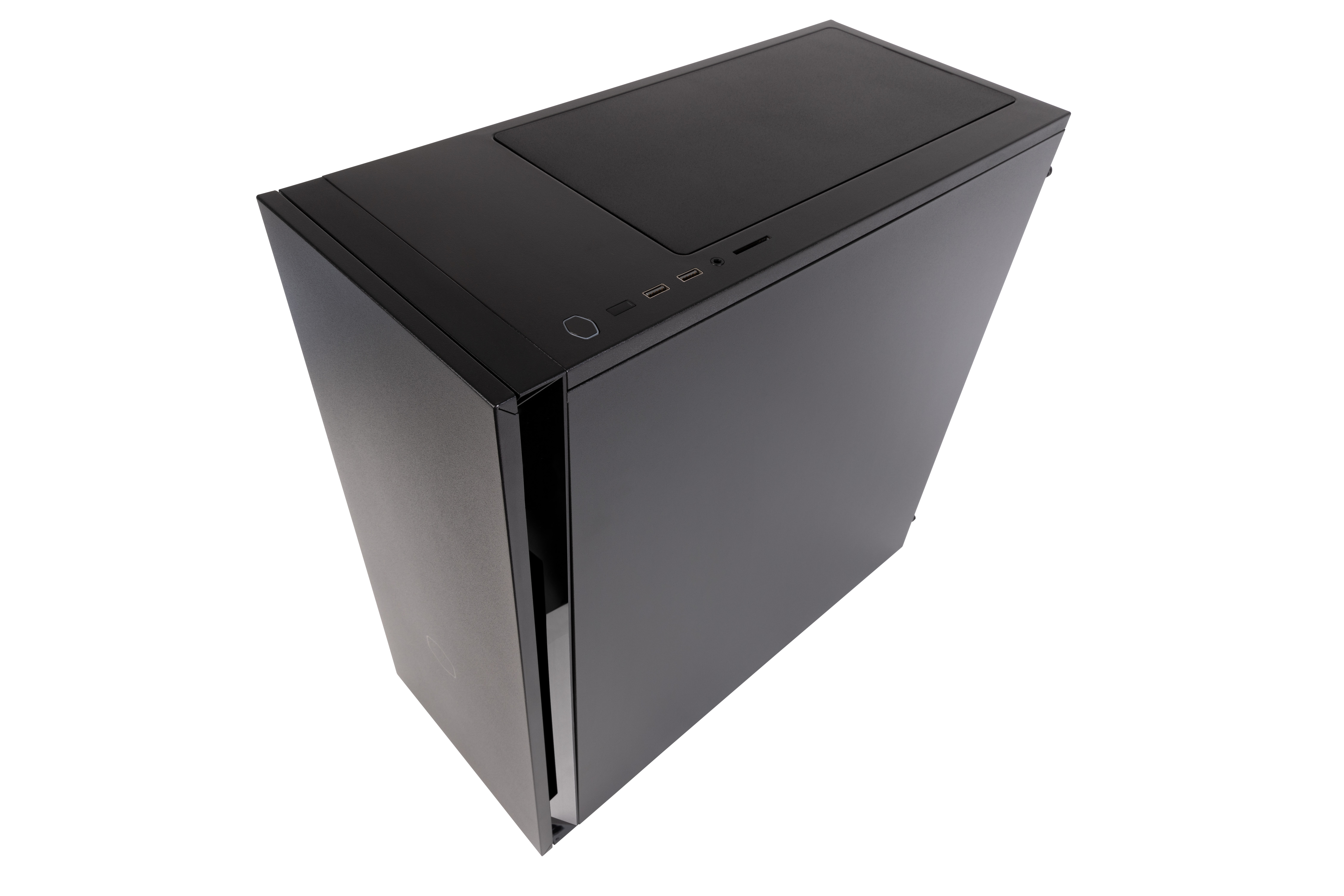 Un case per computer nero dal design elegante e minimalista, visto dall'alto.