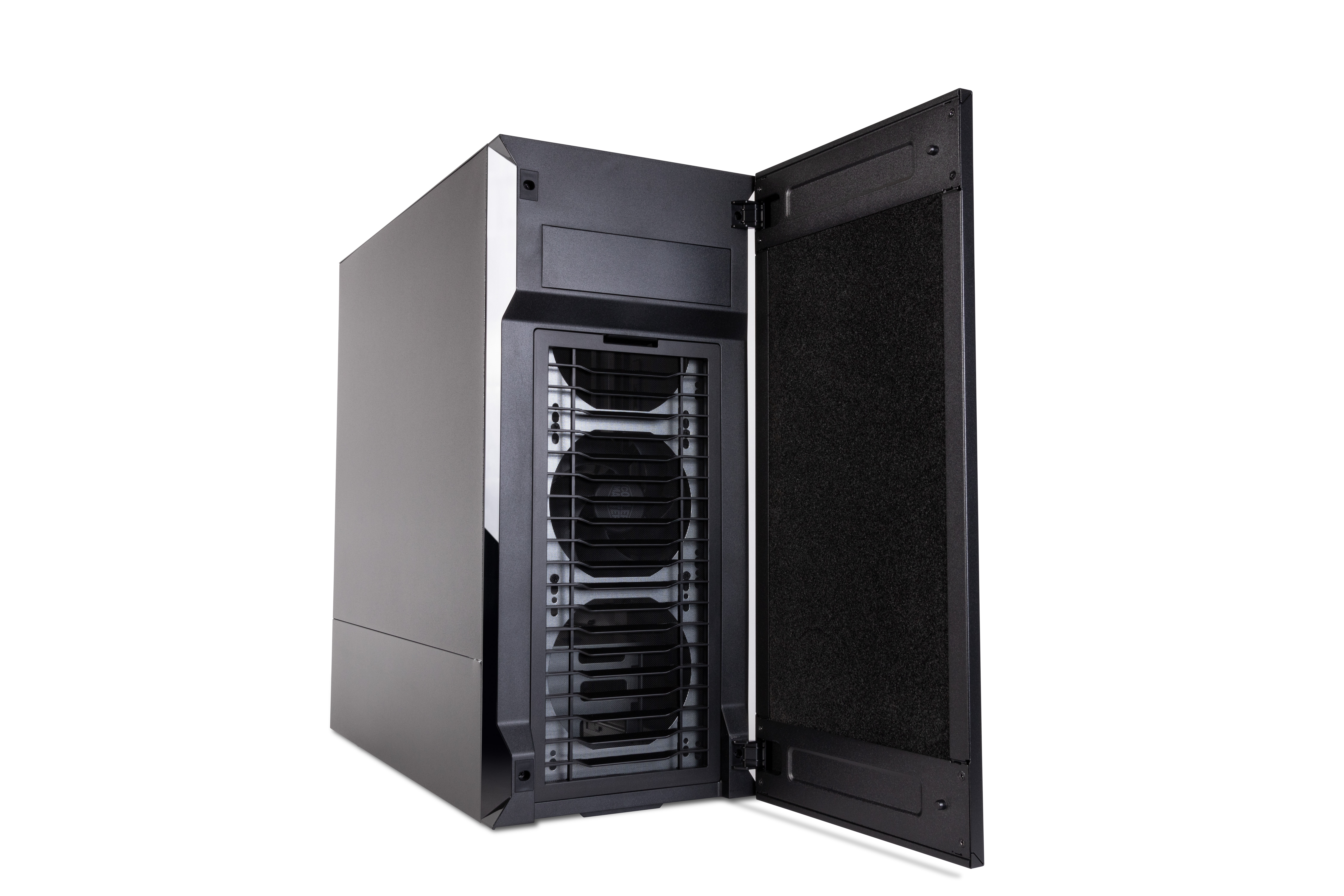 Il lato di un case per computer nero con la porta aperta, che rivela le ventole.