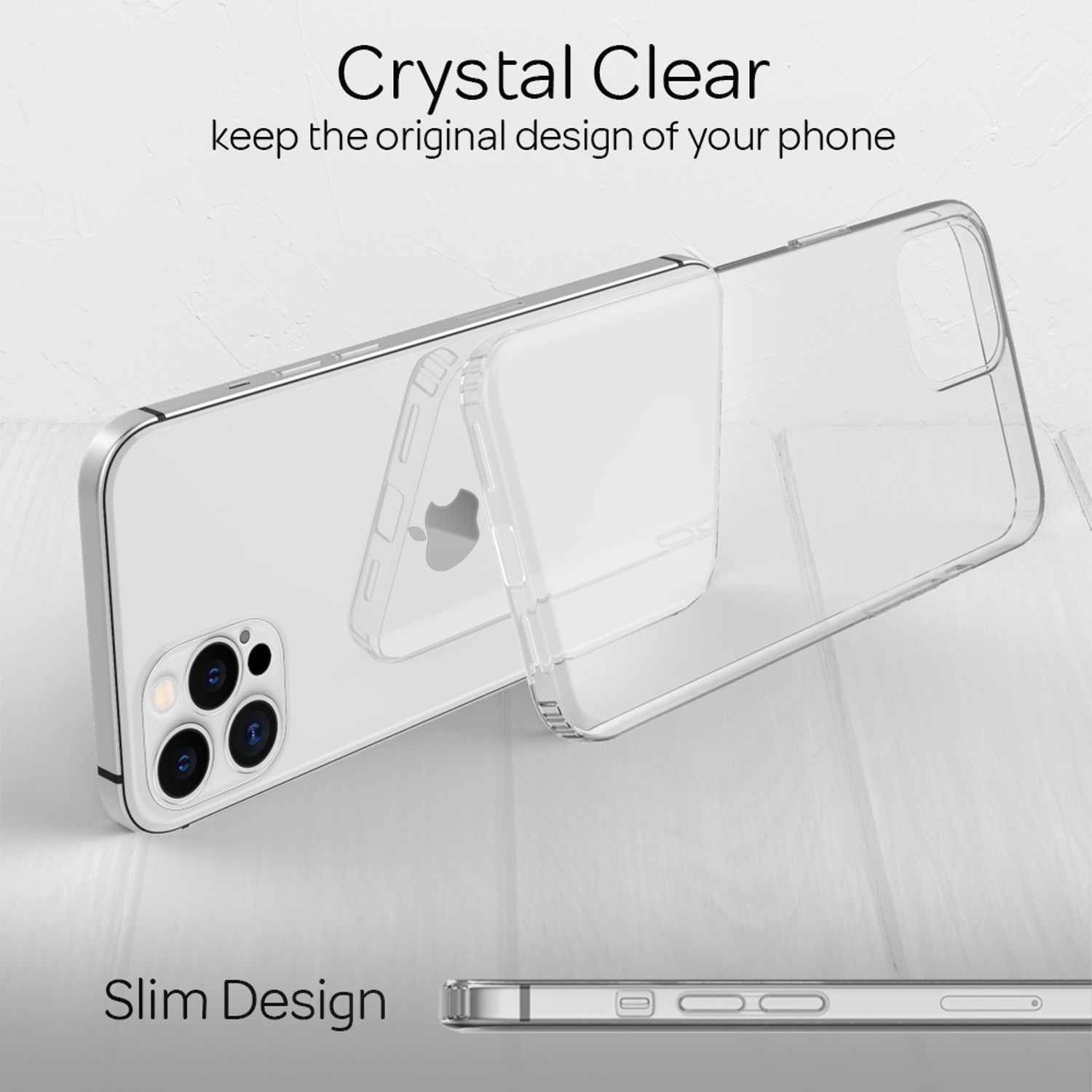 Eine transparente Handyhülle wird auf einem weißen iPhone gezeigt. Die Hülle ist transparent und liegt auf einer weißen Holzoberfläche. Crystal Clear ist geschrieben.