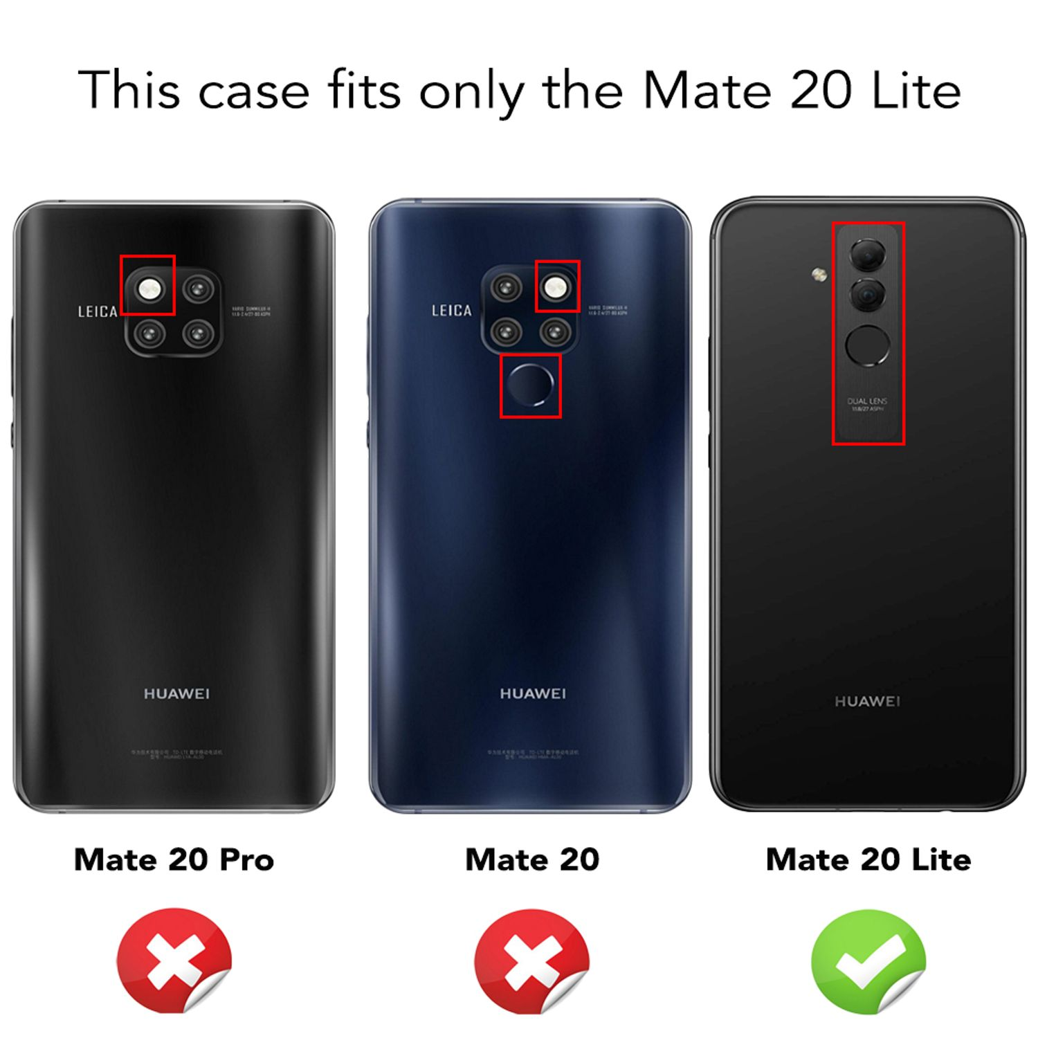 Drei schwarze Telefone. Text weist auf Kompatibilität nur mit Mate 20 Lite hin.