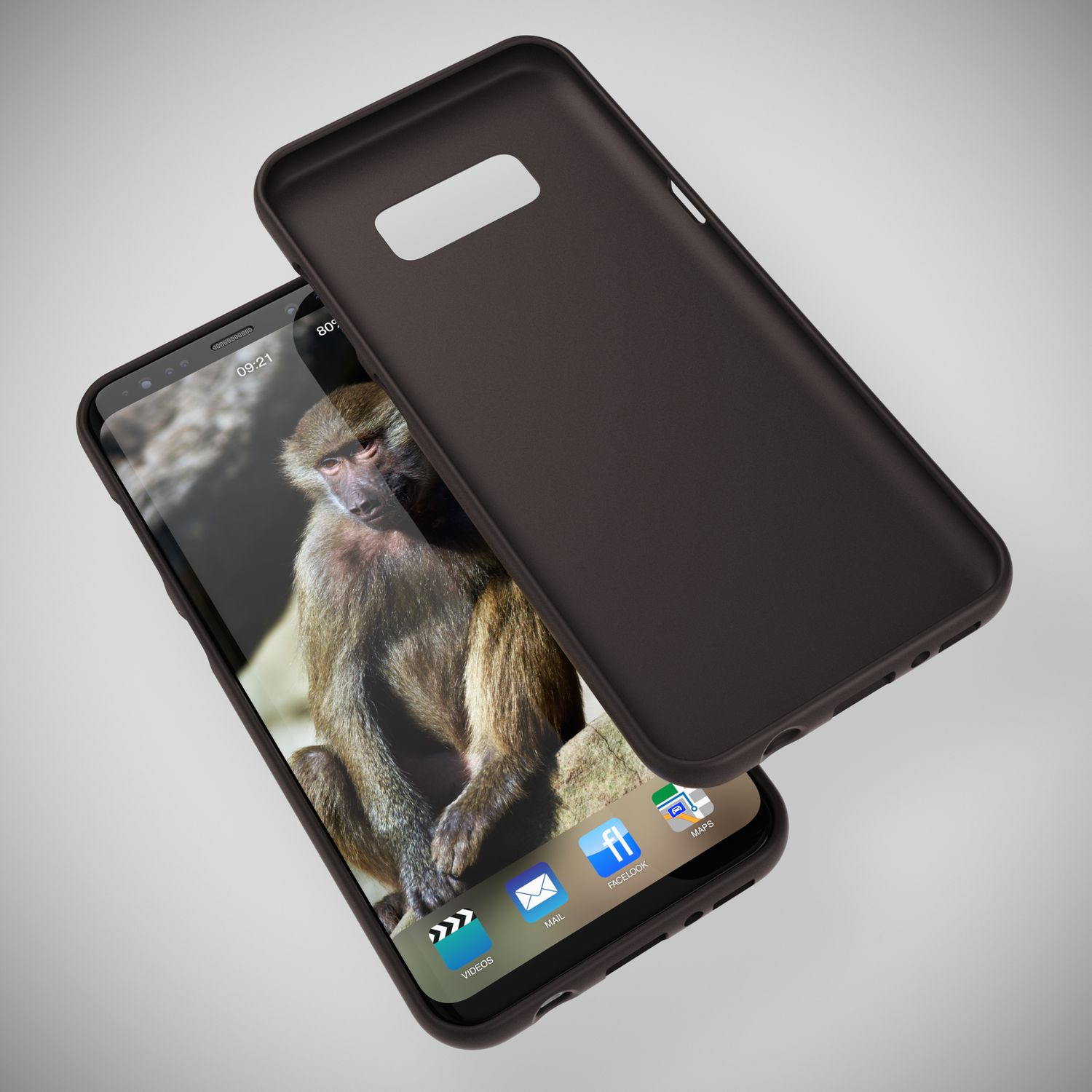 Smartphone mit Pavianbild, in einer schwarzen Hülle. Die Hülle ist daneben geöffnet.