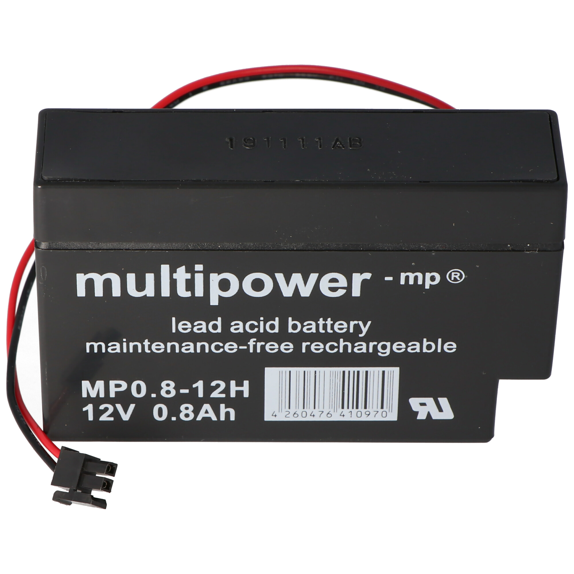 Schwarze Multipower Blei-Säure-Batterie. Hat schwarze und rote Drähte und einen Stecker.