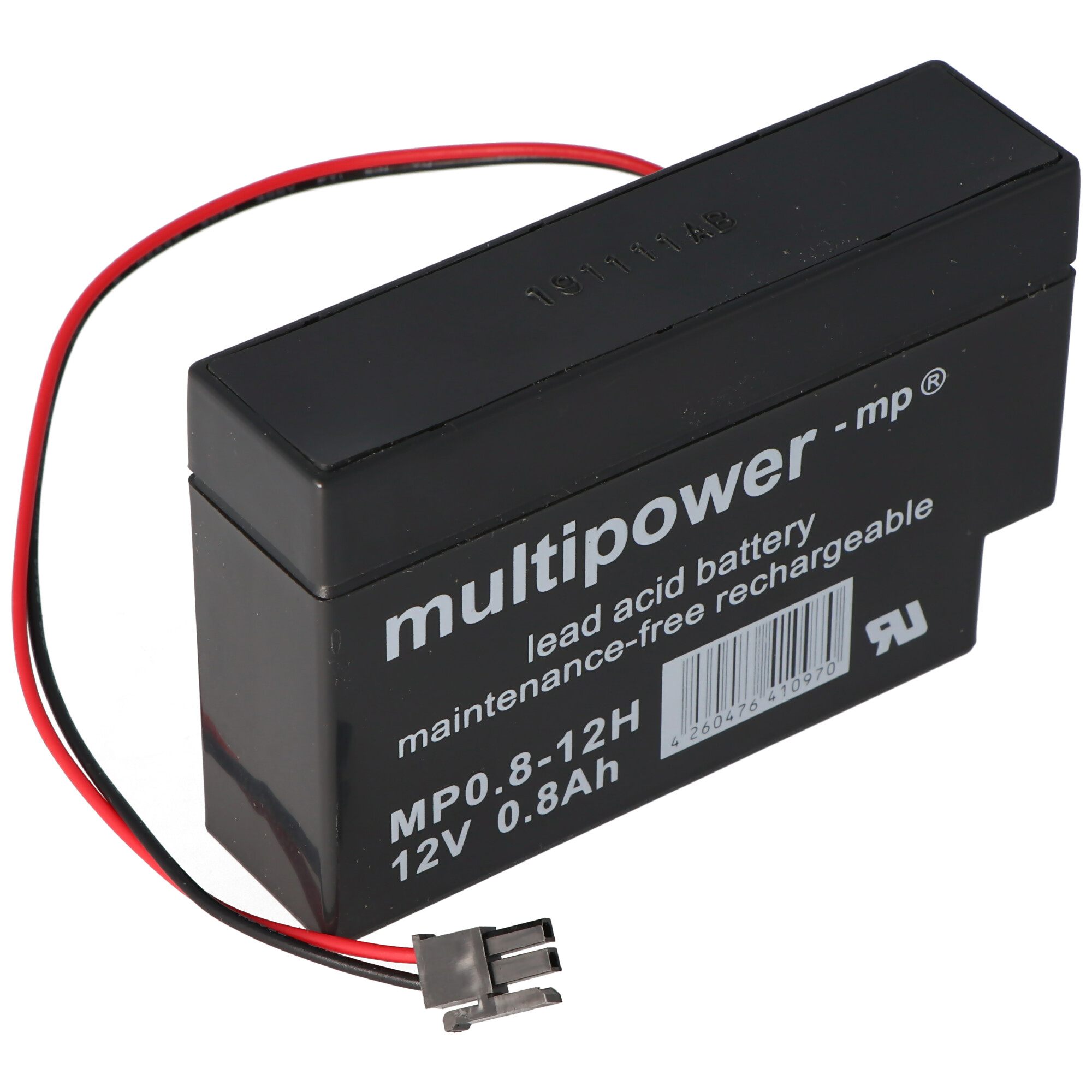 Schwarze rechteckige Batterie mit roten und schwarzen Drähten. Weißer Hintergrund.
