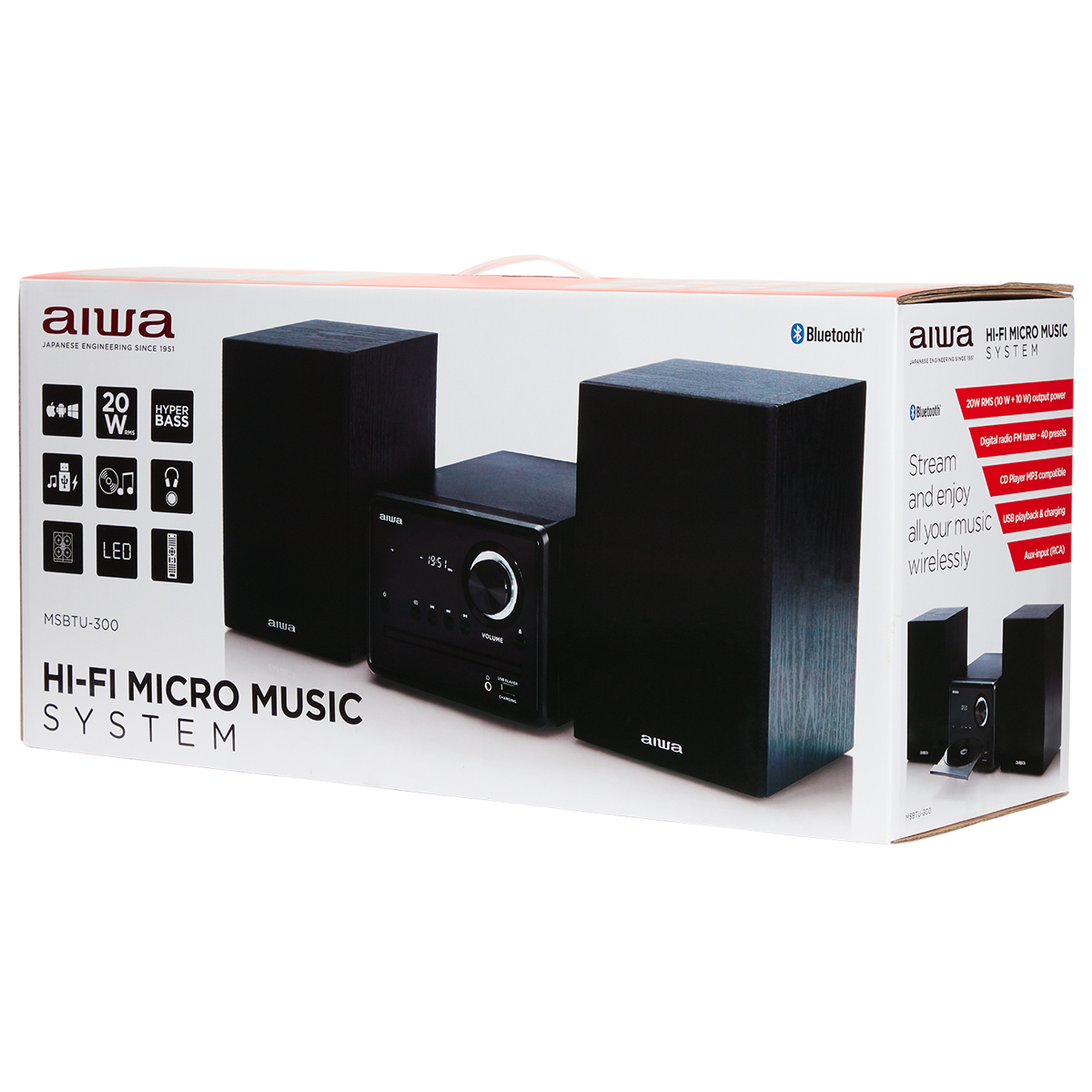 System mikro muzyczny Hi-Fi w pudełku. Zawiera głośniki, odbiornik i akcesoria. Białe tło. Logo Bluetooth.