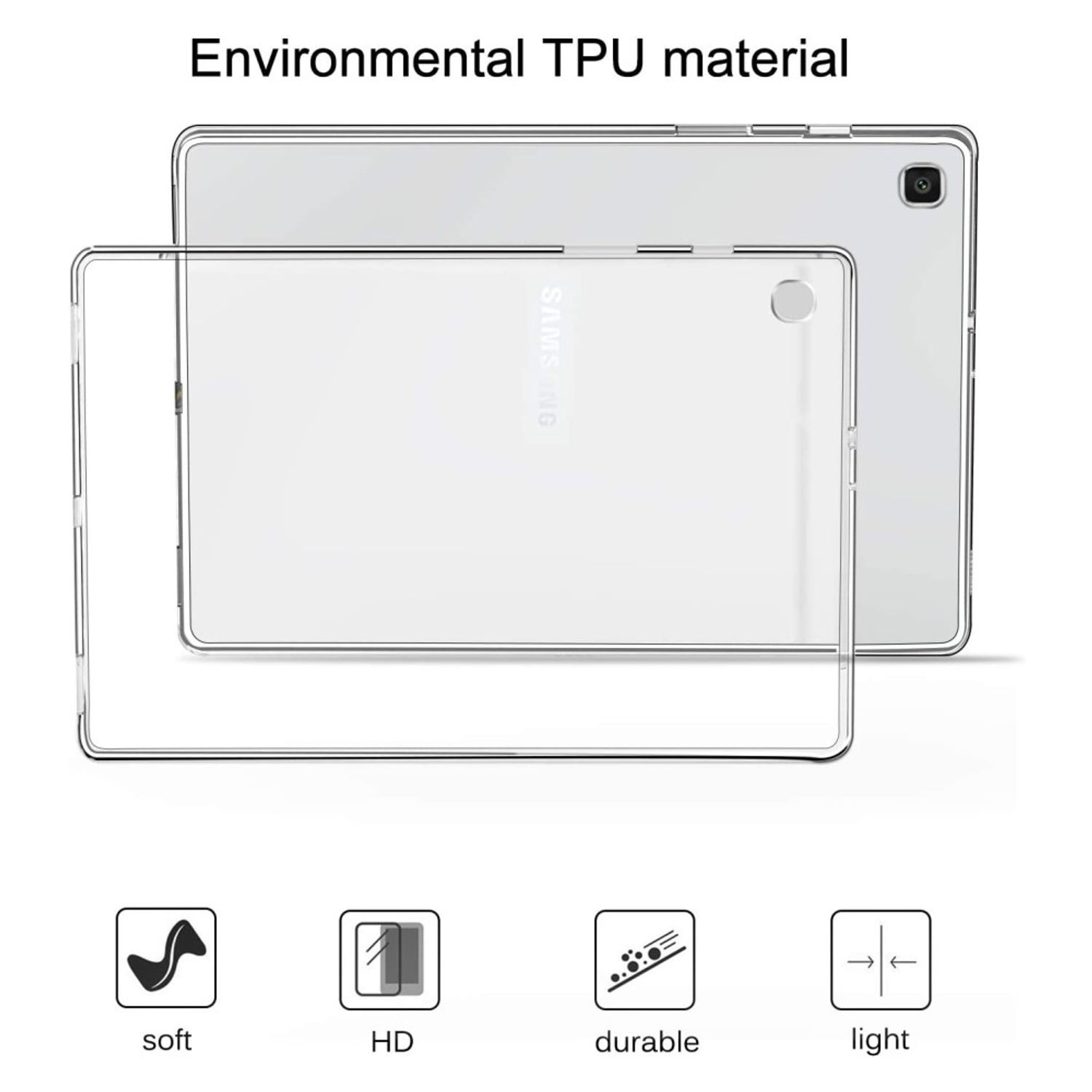 Tablethülle mit klarer Kunststoffabdeckung. Die Hülle ist transparent und schützt das Tablet. Vier Symbole unten.