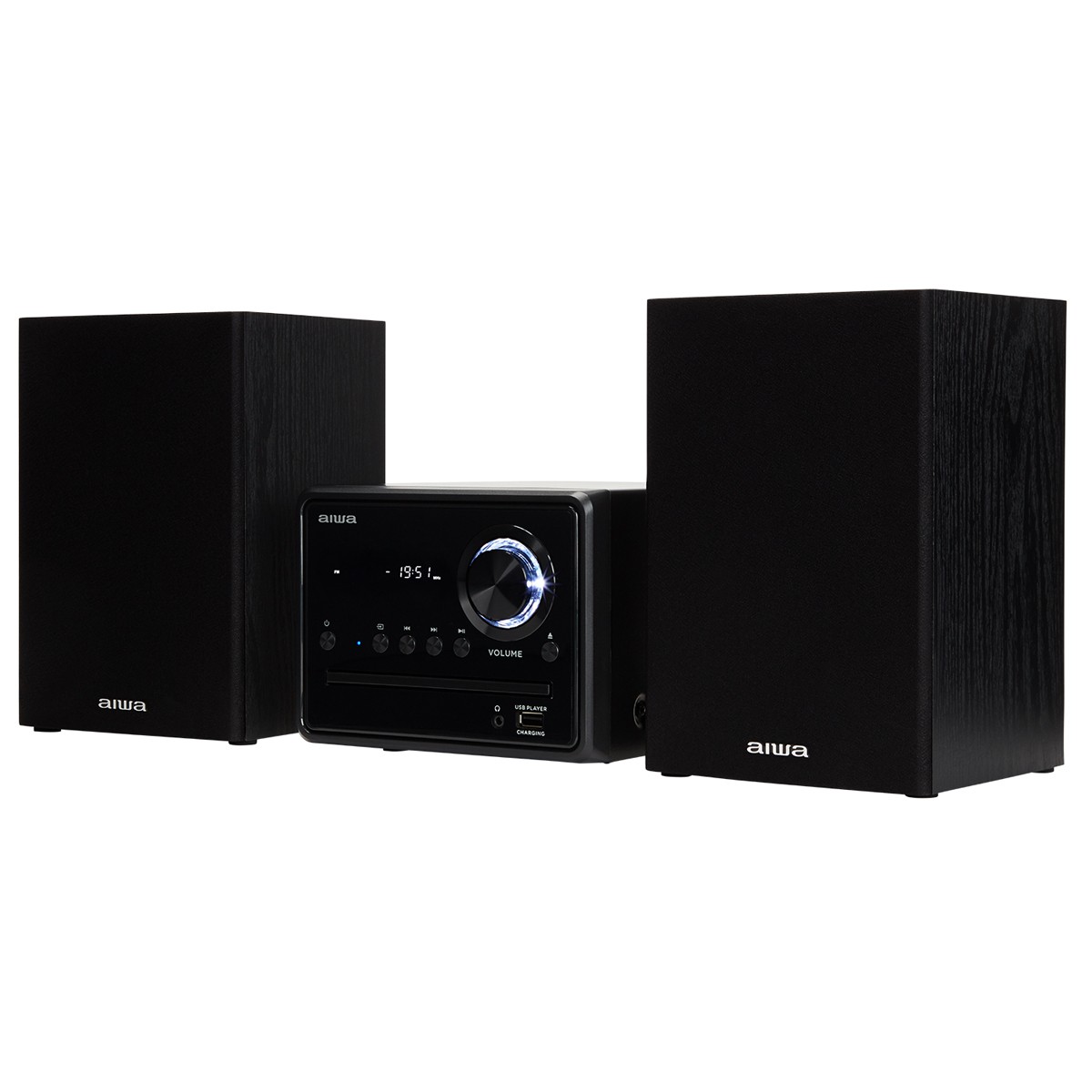 Czarny system stereo Aiwa z dwoma głośnikami i centralną jednostką sterującą. Pokrętło głośności jest widoczne.