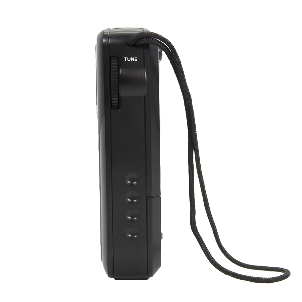 Czarny, prostokątny radio z paskiem. Pokrętło strojenia i przyciski znajdują się z boku.