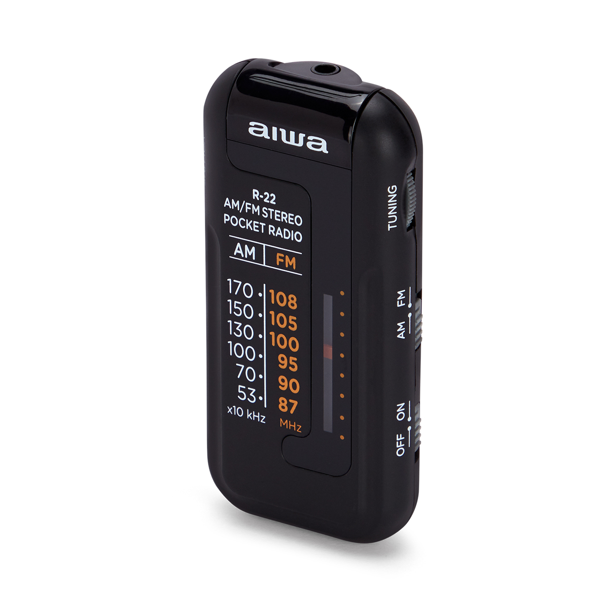 Czarno-białe przenośne radio aiwa z pokrętłem strojenia, przyciskami i skalą częstotliwości.