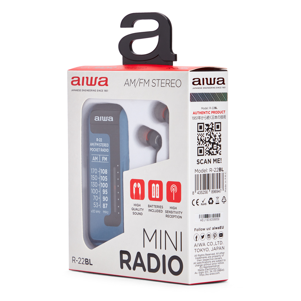 Mini radio w pudełku. Niebieskie radio z czarnymi słuchawkami. Pudełko ma wiele napisów.