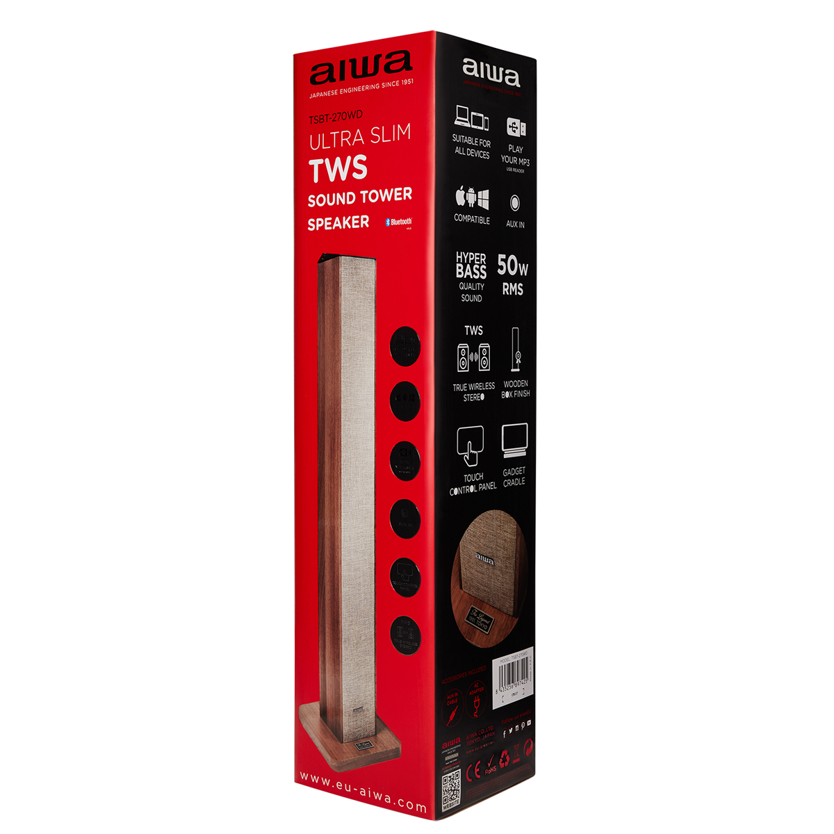 Hoher Sound-Tower-Lautsprecherkarton mit Produktdetails und -funktionen.