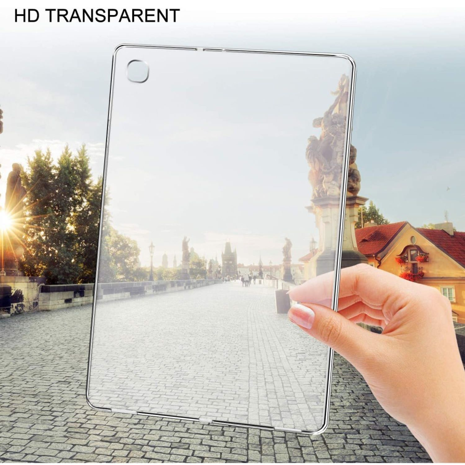 Eine Hand hält eine transparente Tablethülle, durch die eine Stadtansicht sichtbar ist. Text: HD TRANSPARENT.
