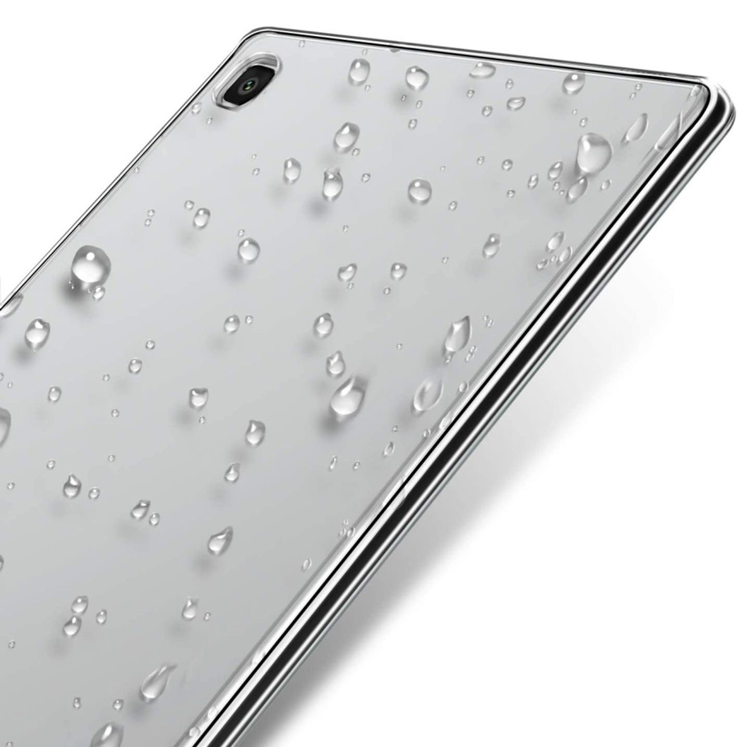 Eine transparente Handyhülle mit Wassertropfen darauf. Die Rückseite des Telefons ist sichtbar.