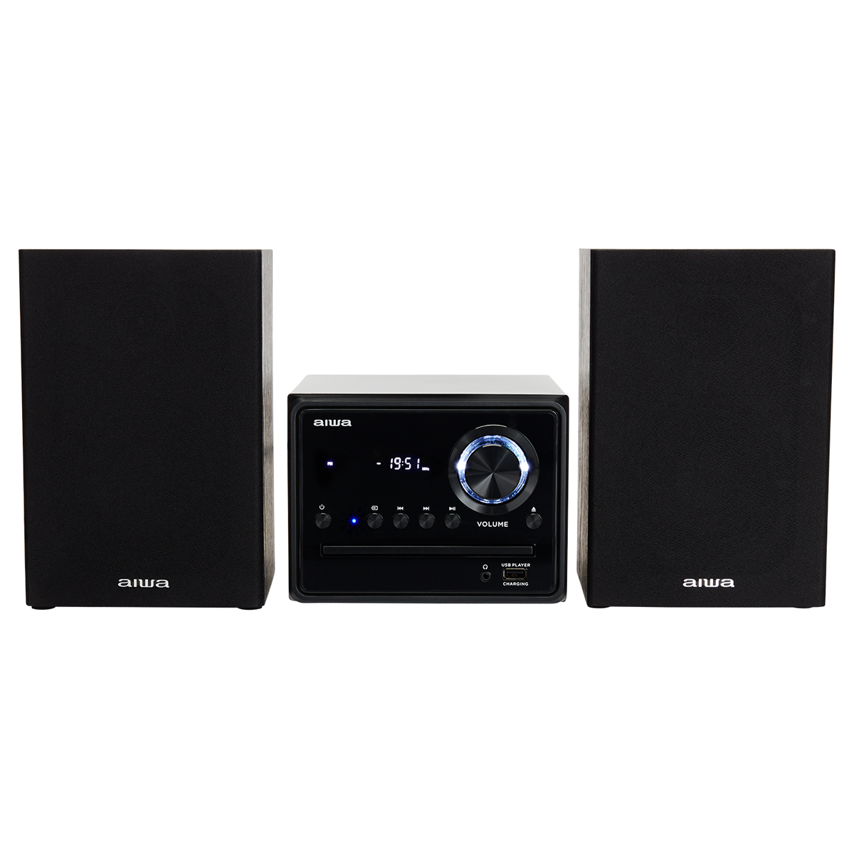 Czarny system stereo Aiwa z dwoma głośnikami. System wyświetla czas.