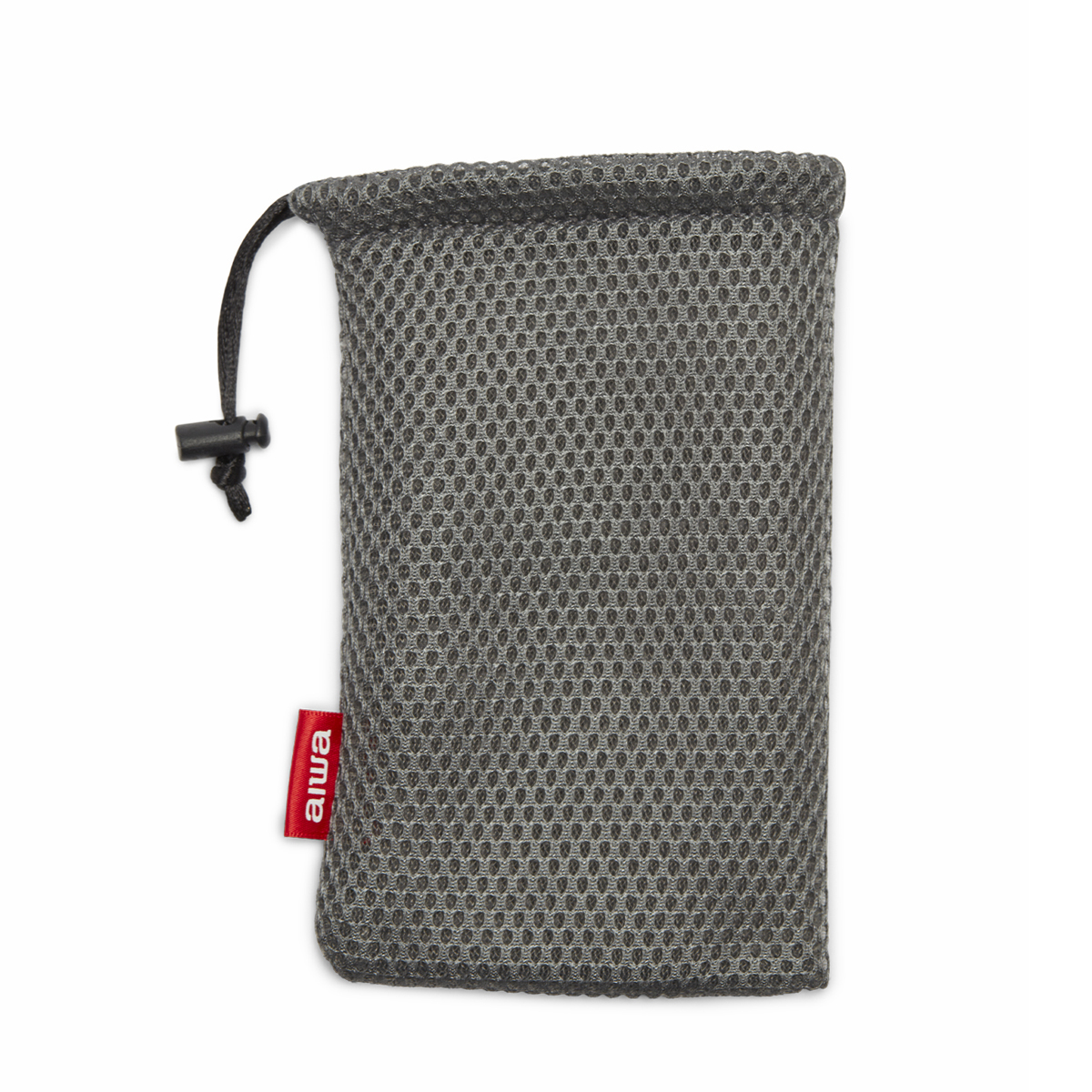 Szara siatkowa torba ze sznurkiem z czerwoną etykietą z napisem „aiwa”.