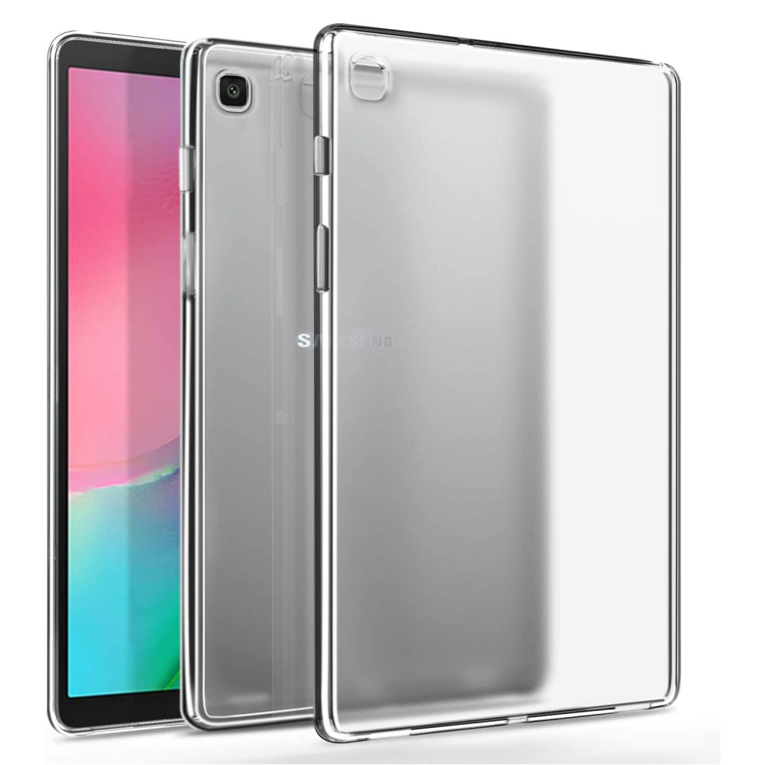 Drei Tablets in Hüllen. Zwei sind klar und zeigen das Gerät. Eines hat einen rosa Bildschirm.