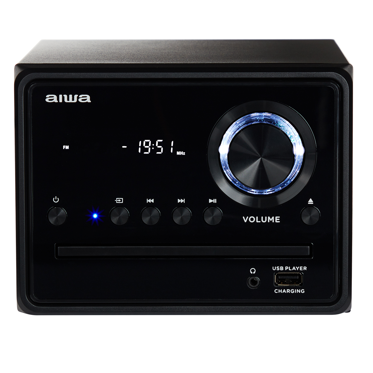 Czarny system stereo Aiwa. Odtwarzacz CD, regulacja głośności i wyświetlacz cyfrowy.