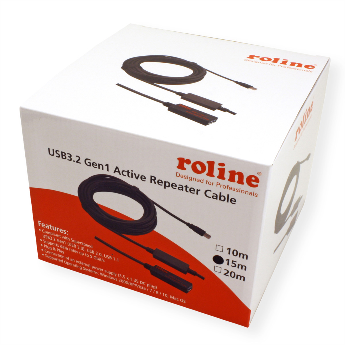 Une boîte blanche avec le nom 'roline'. Elle contient un câble USB noir avec deux extrémités et le texte 'USB3.2'.